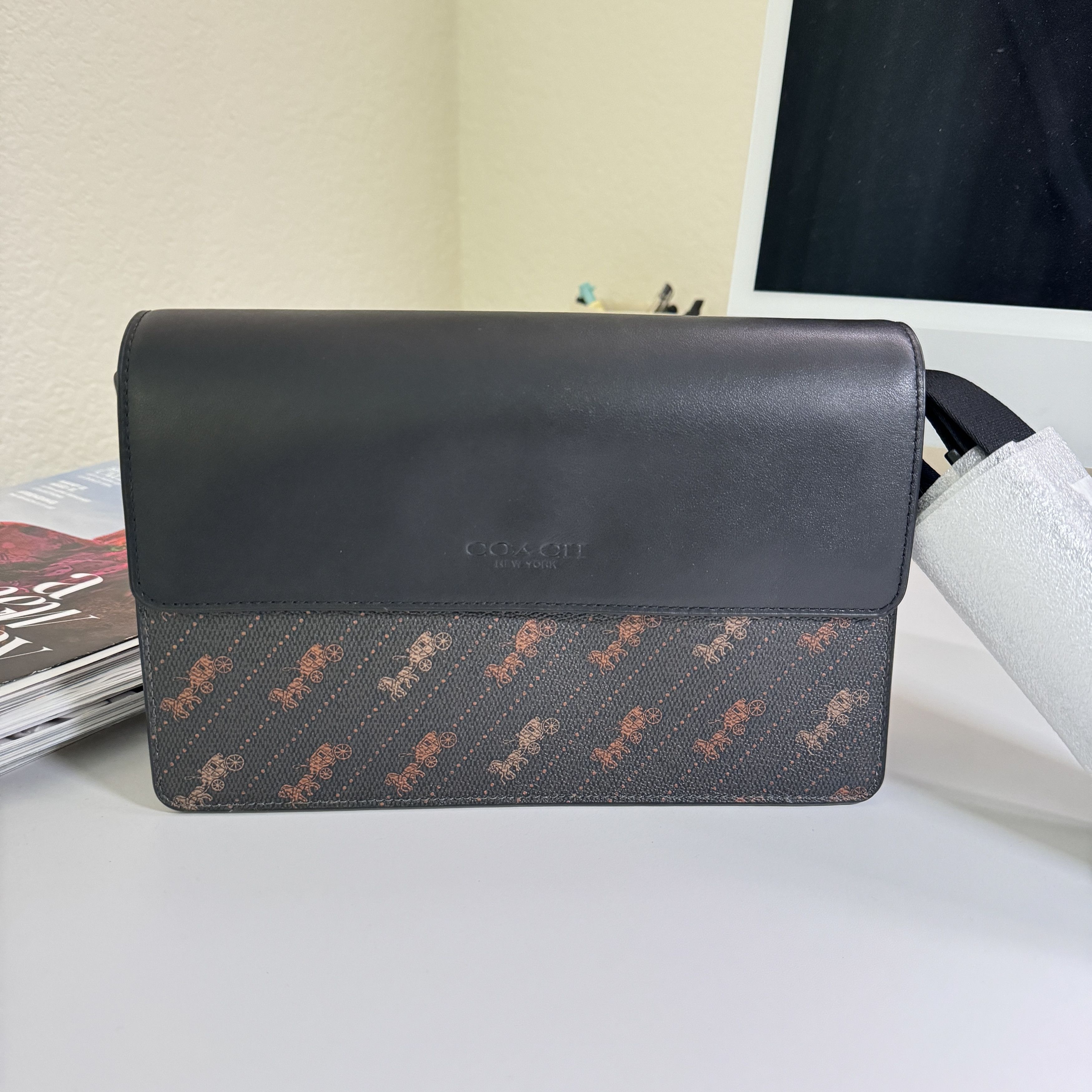 image of Coach Turner Flap Crossbody With Horse And Carriage C6585 in Black Saddle, Men's