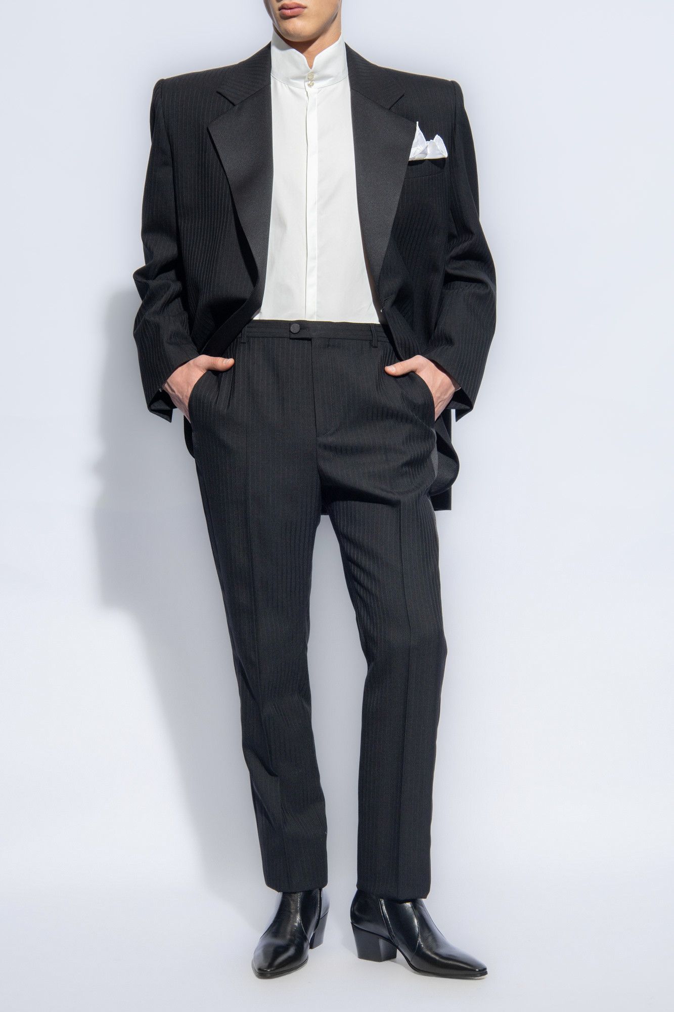 Saint Laurent Paris o1s1wg111124 High-Waisted Tuxedo Pants Raised-Stripe Wool Size US 36 / EU 52 - 2 Thumbnail