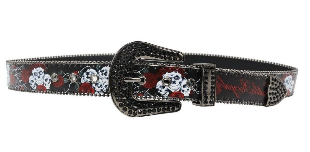 Vintage Retro skull skeleton roses western rhinestone studded belt Size ONE SIZE - 4 Thumbnail
