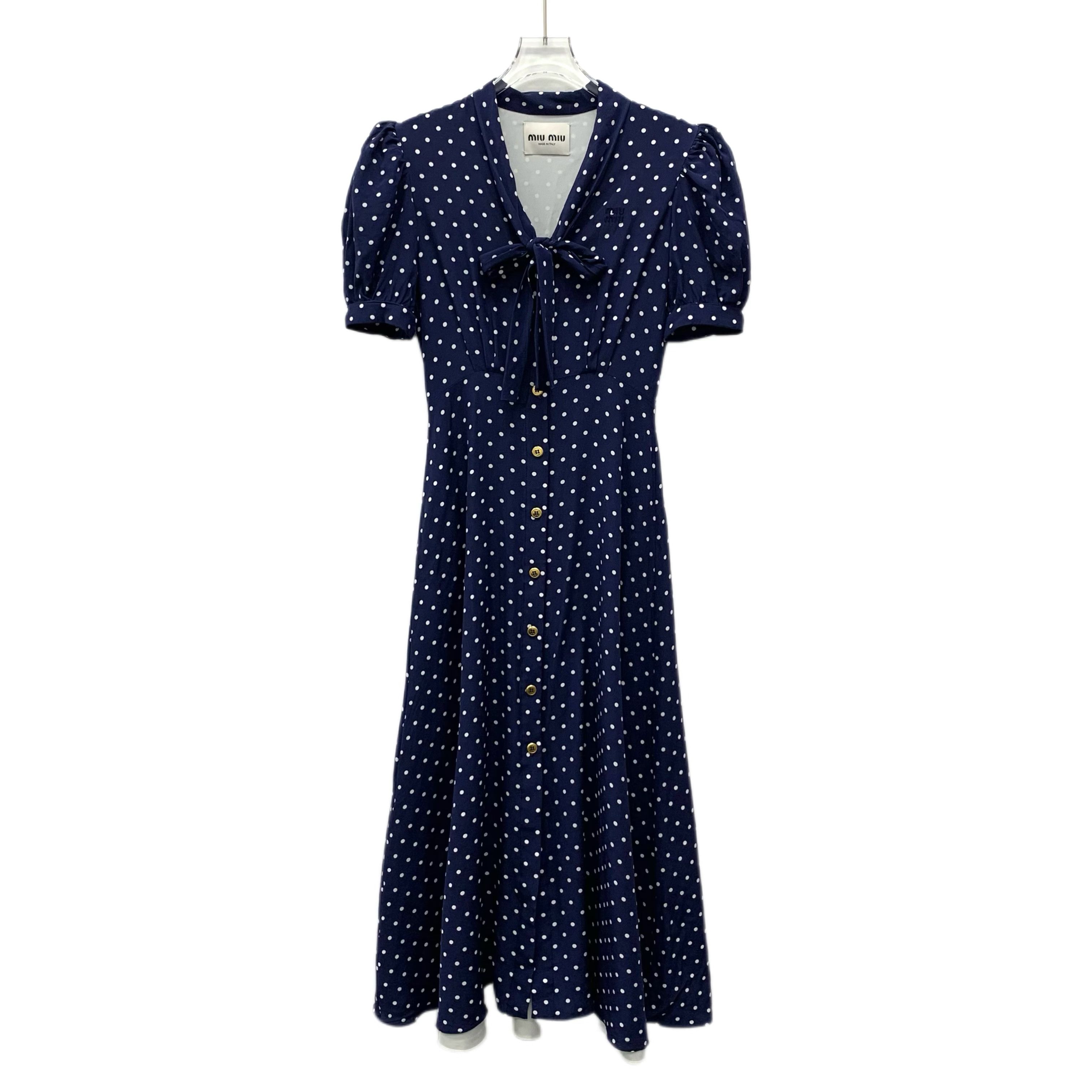 Miu Miu MiuMiu Polka Dot Silk V-NeckShort Sleeve Dress (Size XS) Size XS / US 0-2 / IT 36-38 - 1 Thumbnail