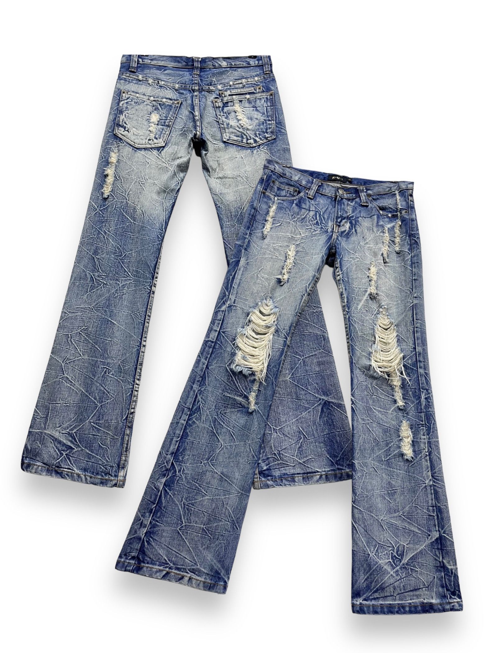 image of Distressed Denim x Vintage VTG Kui Japan Acid Wash Ripped Distressed Flare Denim Jeans in Blue (Siz