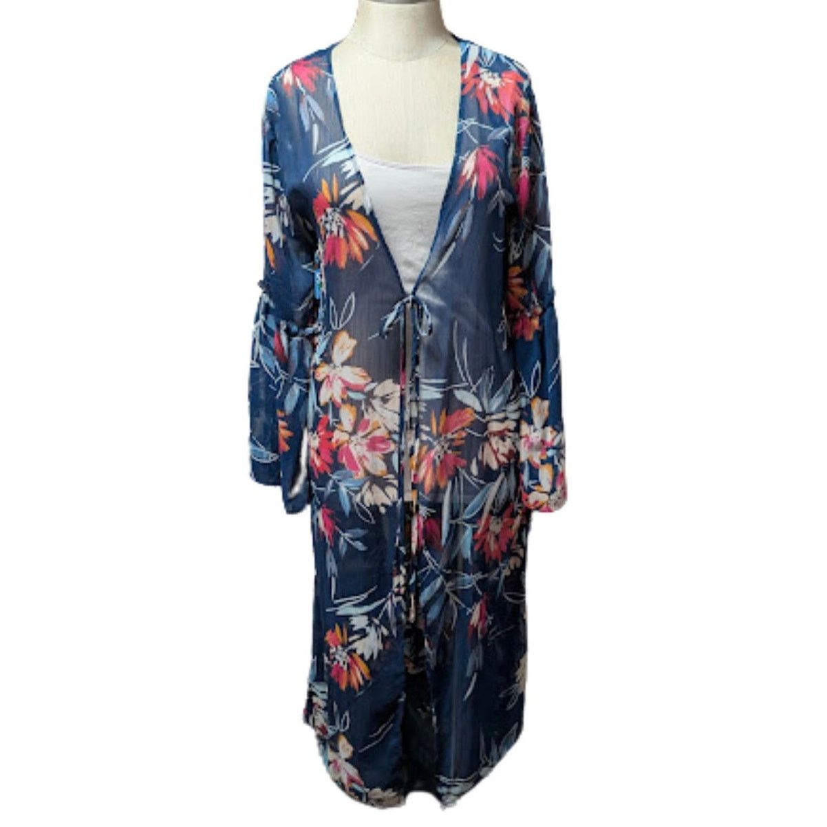 Unknown London Band of Gypsies Navy Floral Semi Sheer Bell Sleeve Duster XS Size XS / US 0-2 / IT 36-38 - 1 Thumbnail