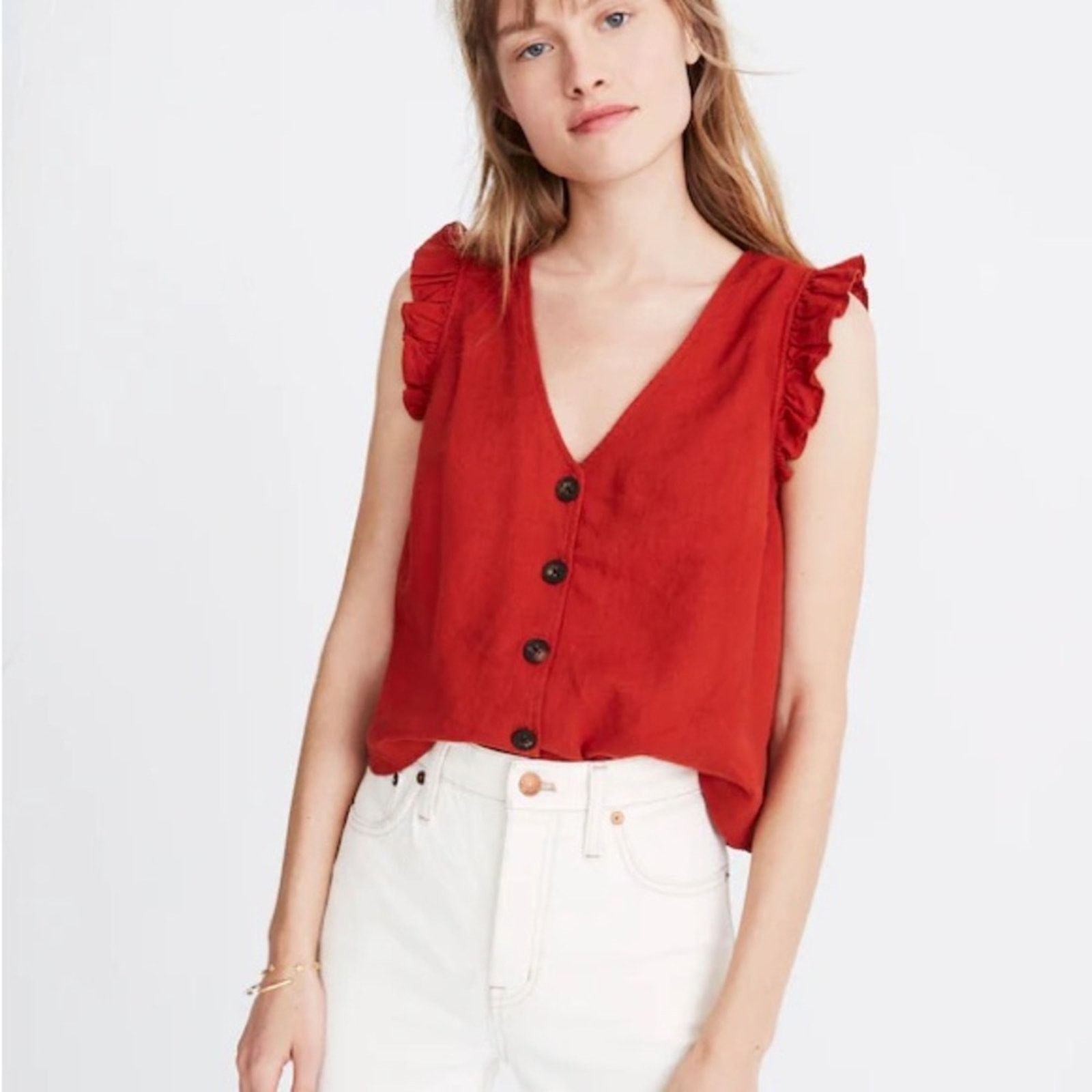 Madewell Madewell Linen-Blend Ruffle Crop Tank Womens 4 Etruscan Clay Size S / US 4 / IT 40 - 1 Thumbnail