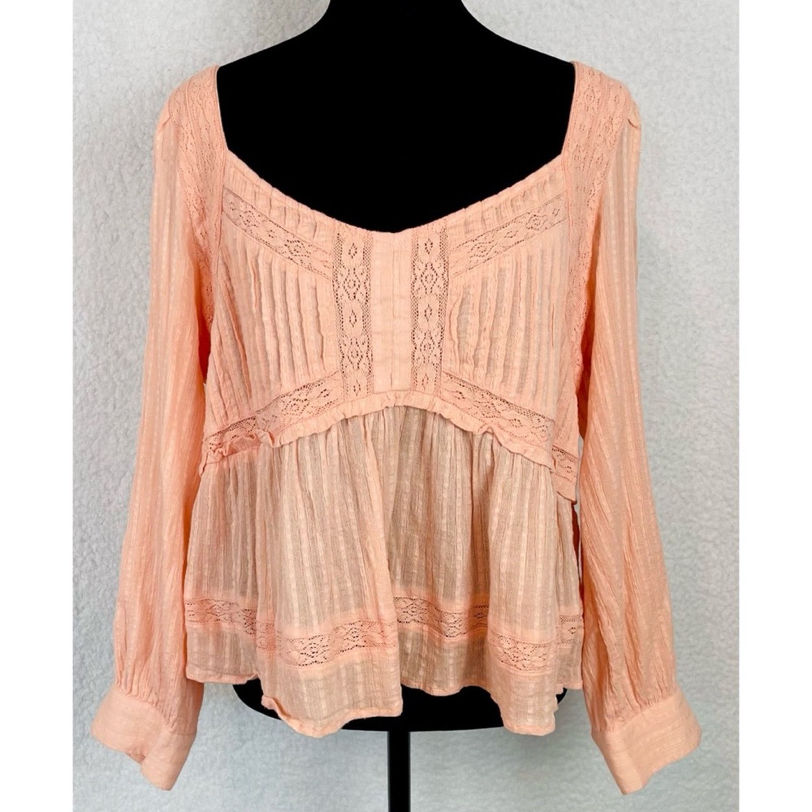American Eagle Outfitters AMERICAN EAGLE • Peach Boho Long Sleeve Babydoll Blouse Size L / US 10 / IT 46 - 11 Thumbnail