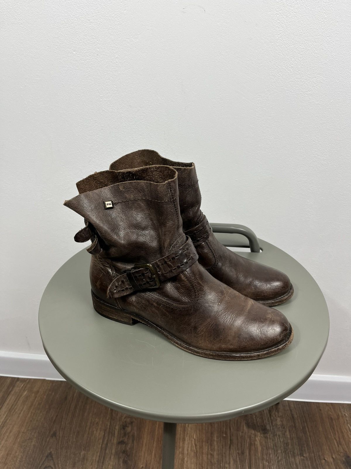 Leather Distressed Brown Leather Biker Ankle Boots Buckle Strap 38 Size US 7 / IT 37 - 1 Thumbnail