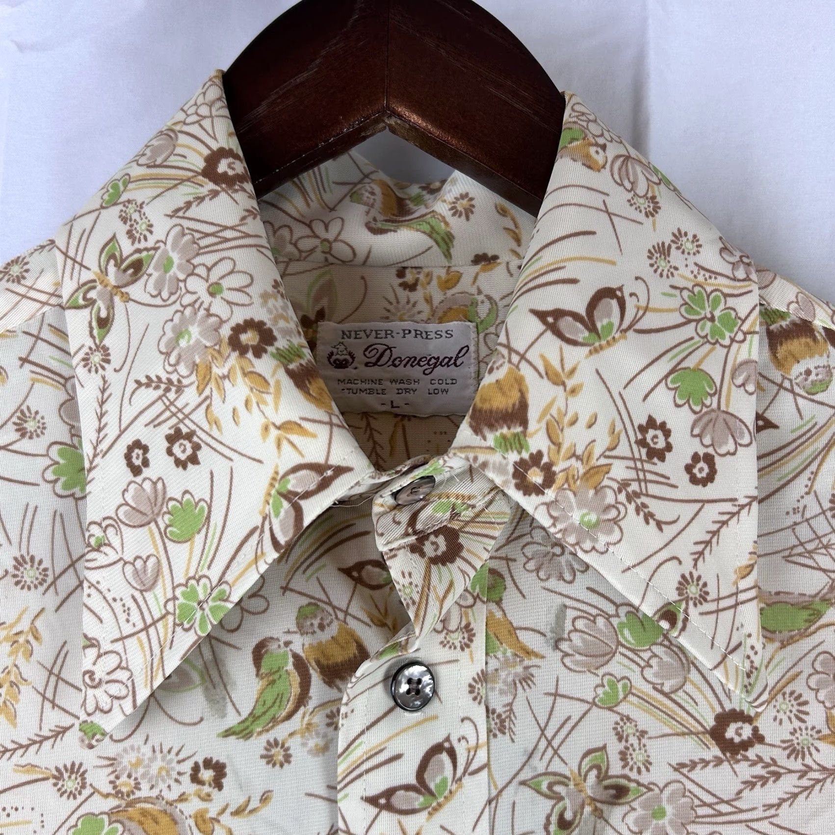 Vintage VINTAGE Donegal Never Press Spear Point Long Sleeve Shirt AOP Large Bird Beige 1970s M Mens Ladies? Size US M / EU 48-50 / 2 - 3 Thumbnail