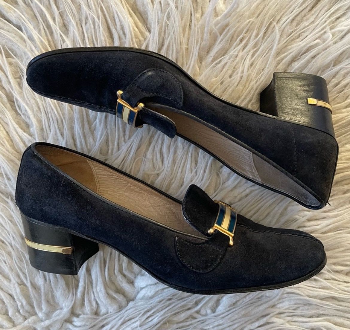 Gucci Vintage Suede Chain-Link Block Heel Square Toe Pumps