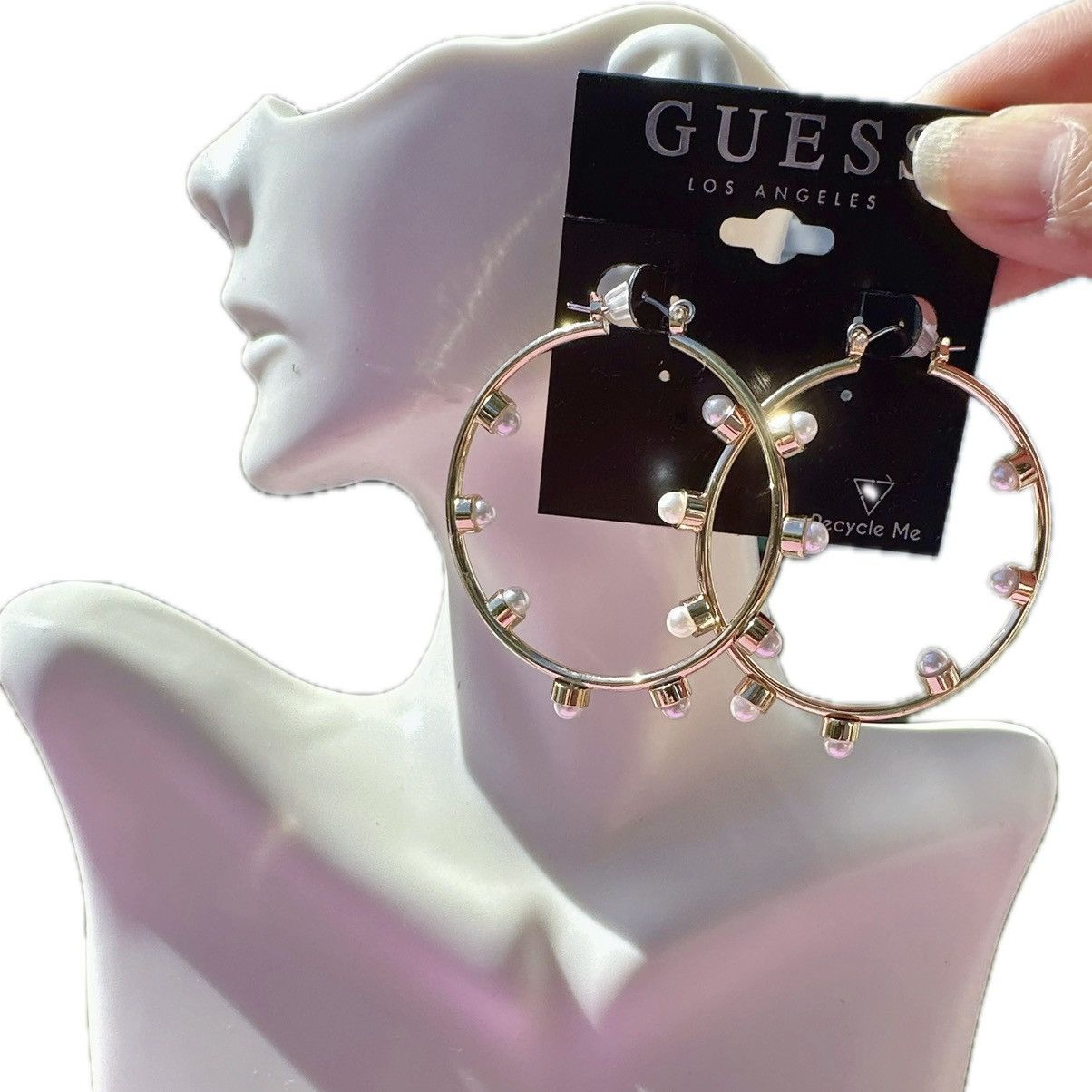 Guess Guess Earrings white pearls on gold loops clip on drops Size ONE SIZE - 1 Thumbnail
