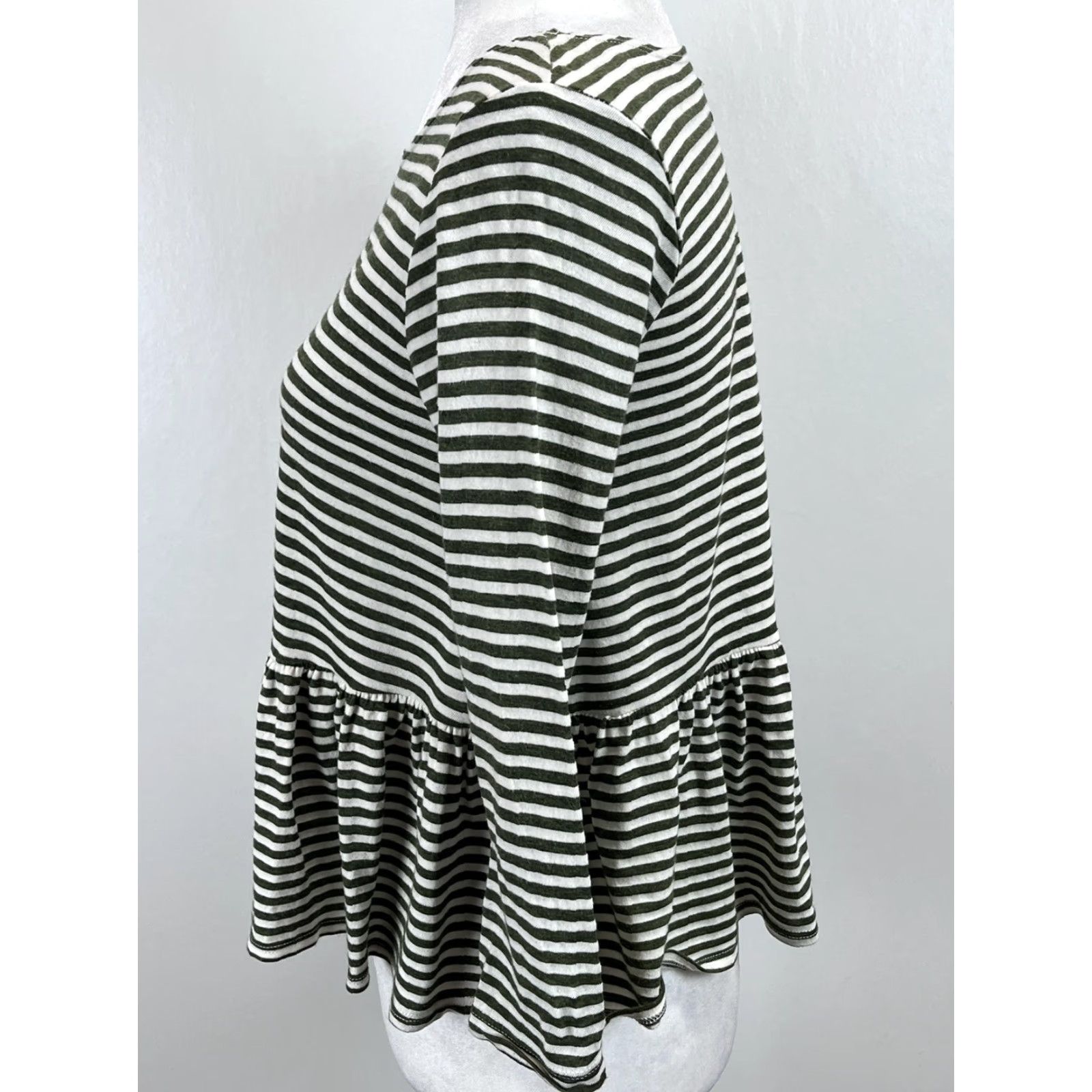 Free People Free People We The Free Peplum Striped T-Shirt Women's XS Green White, Casual Bohemian Cotton Blend Long Sleeve Round Neck Size XS / US 0-2 / IT 36-38 - 2 Thumbnail