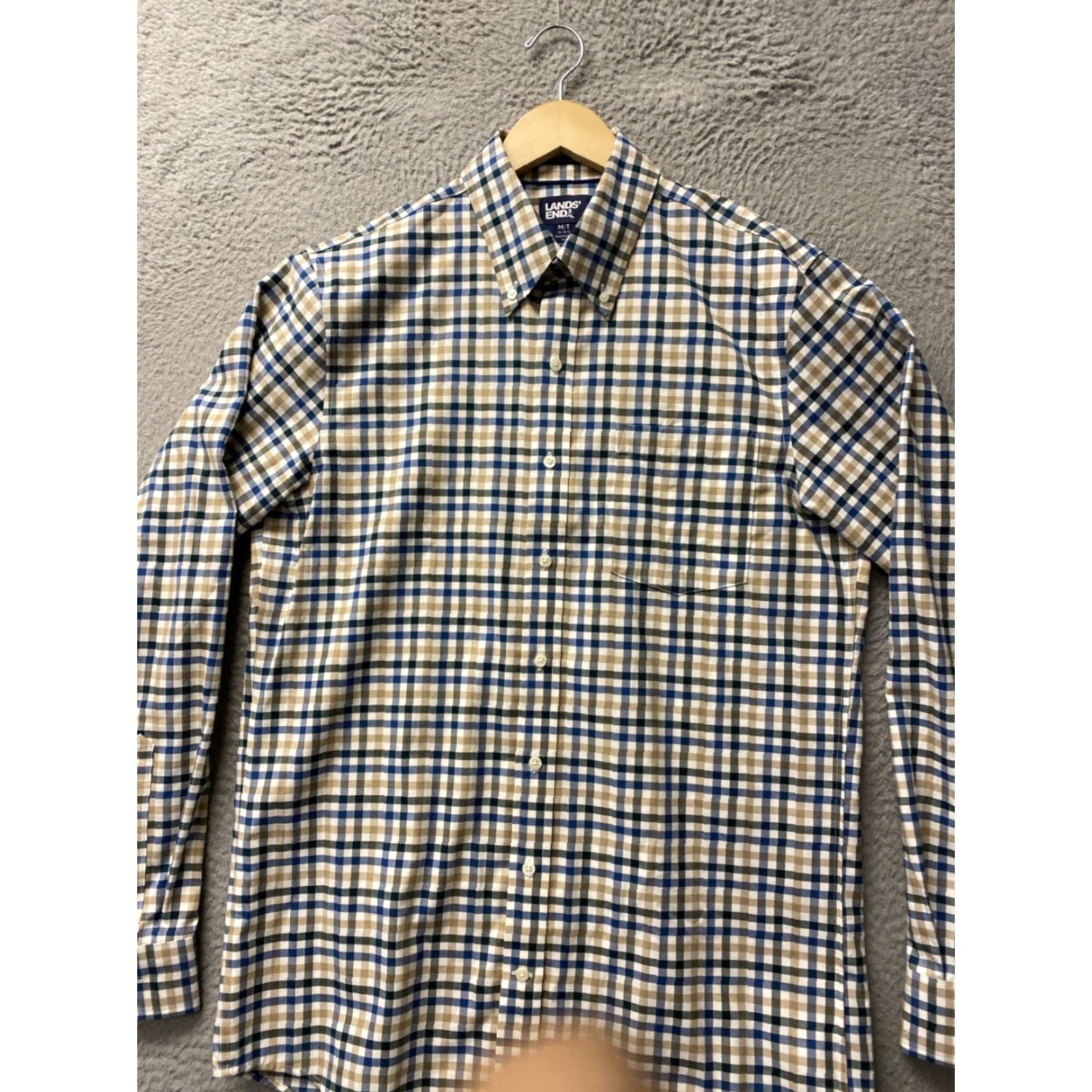Lands' End Lands' End Button-Up Shirt Mens M Tall Tan Blue Plaid Check Long Sleeve /0487 Size US M / EU 48-50 / 2 - 5 Thumbnail