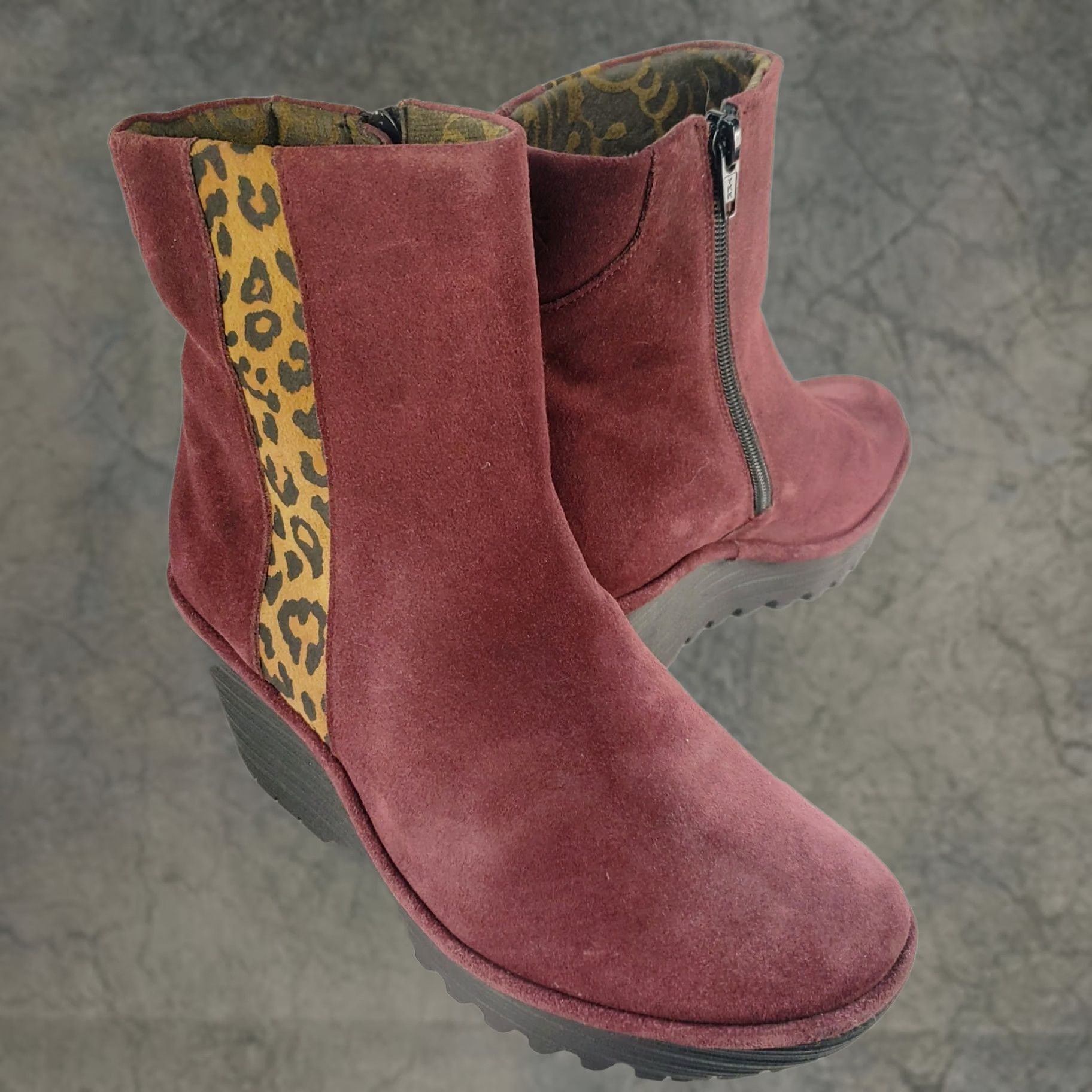 Fly London FLY London Suede Ankle Bootie Burgundy Leopard Stripe Wedge 37 UK 6-6.5 Women Size US 6.5 / IT 36.5 - 1 Thumbnail