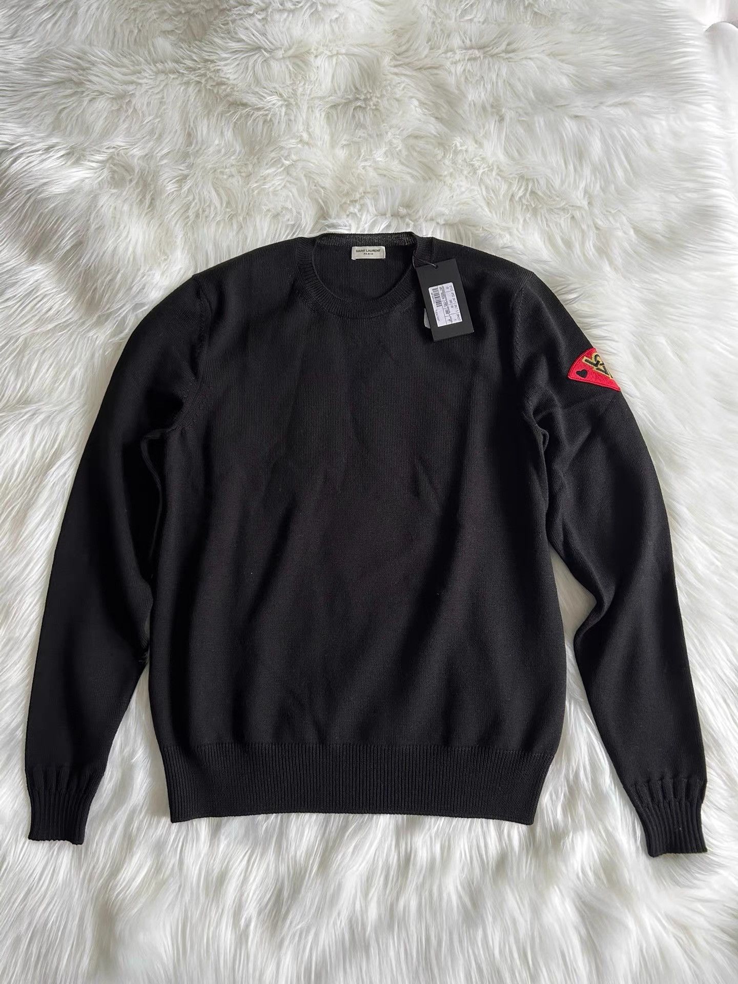 Saint Laurent Paris Black Crewneck Sweater with Embroidered Arm Patch Size US M / EU 48-50 / 2 - 1 Thumbnail