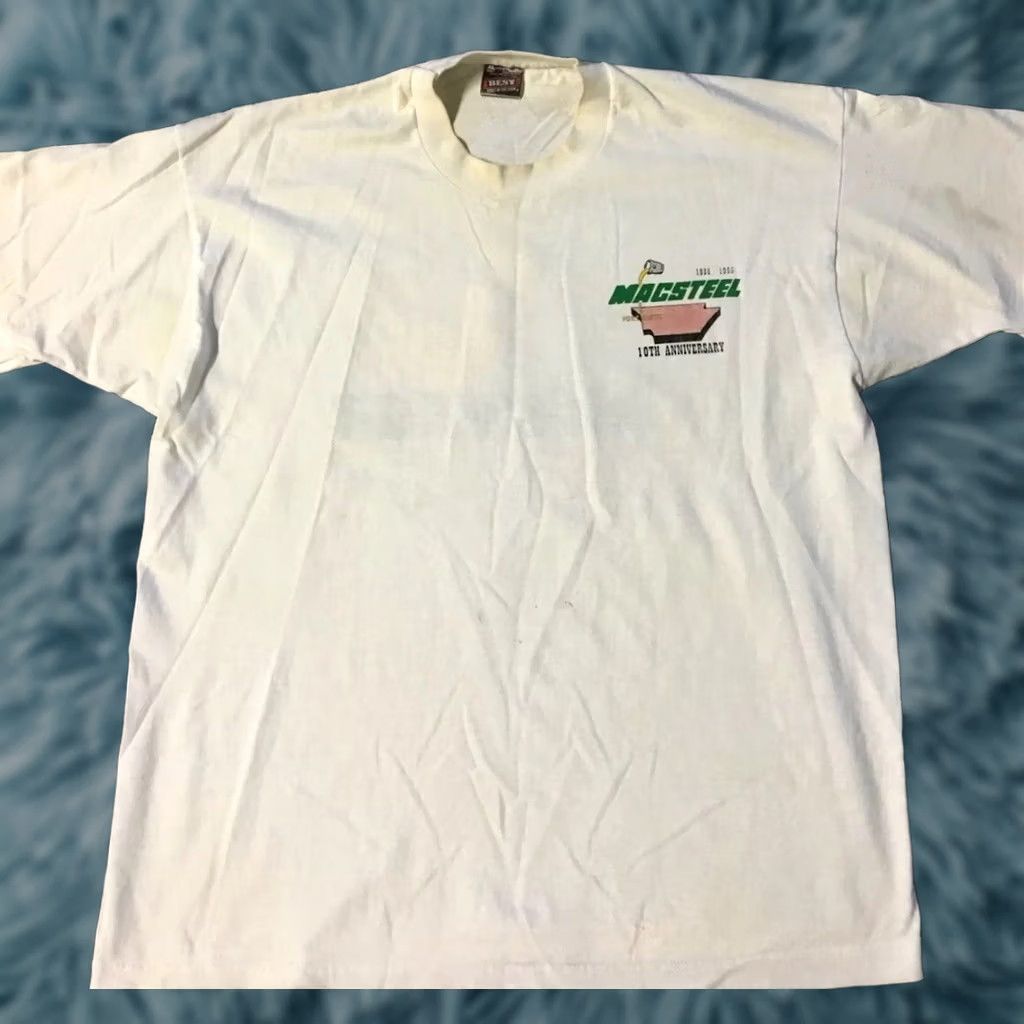 Fruit Of The Loom VINTAGE 90s Macsteel Distressed Shirt XL USA Single Stitch Grunge Trucker Punk Shirt Mens White Size US XL / EU 56 / 4 - 1 Thumbnail