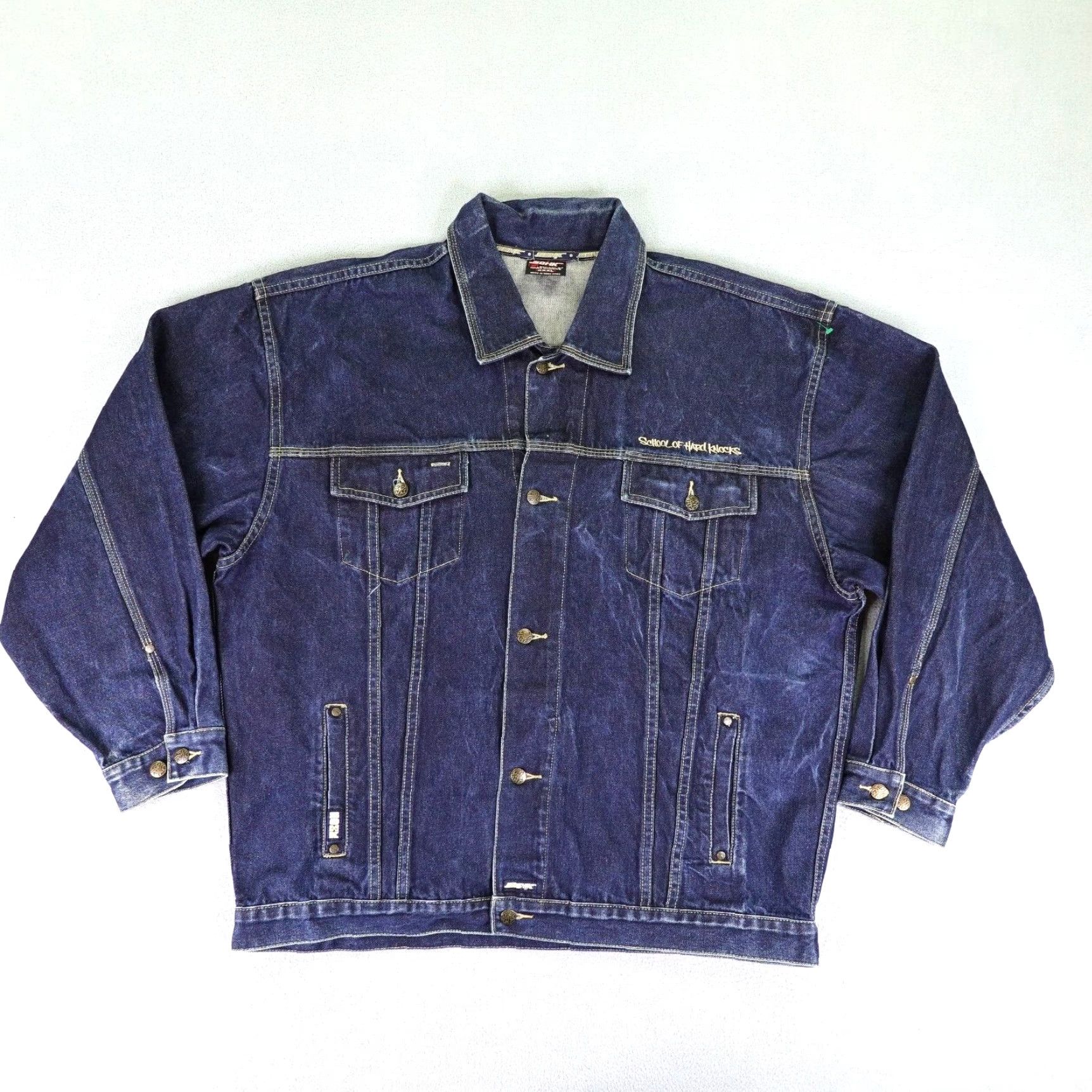 Denime VINTAGE School Of Hard Knocks Jacket 3XL Blue Denim 90s Mens Size US 39 - 2 Thumbnail