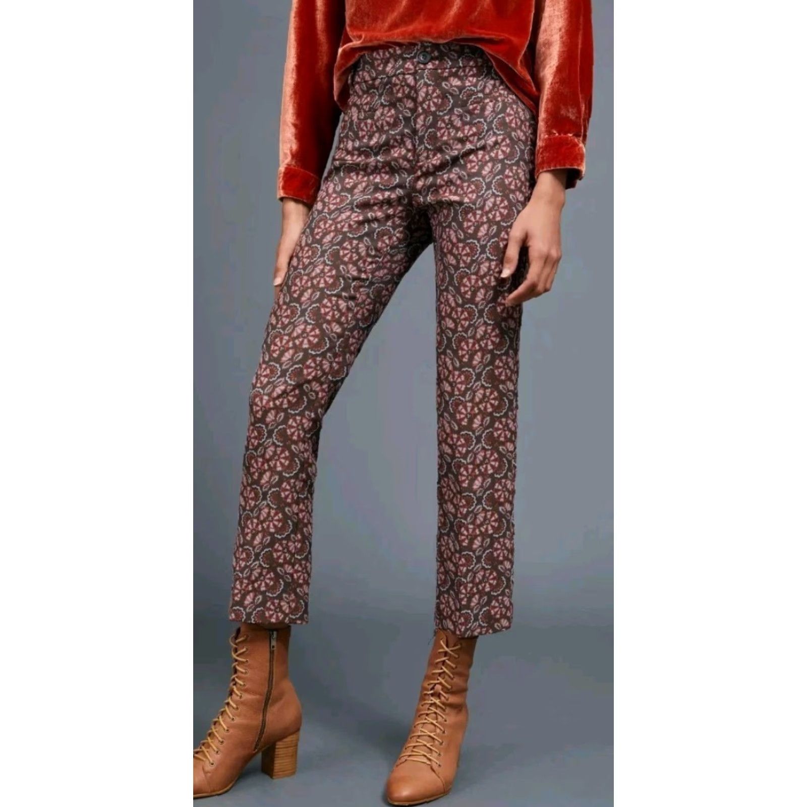 Anthropologie NWT Anthropologie The Essential Slim Paisley Jacquard Pant Size 14 Brown Motif Women Pants Size 36" / US 14 / IT 50 - 2 Thumbnail