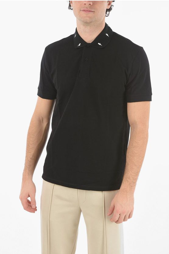 image of Neil Barrett Printed Collar Fit Bolt Slim Fit Polo in Black, Men's (Size XL)