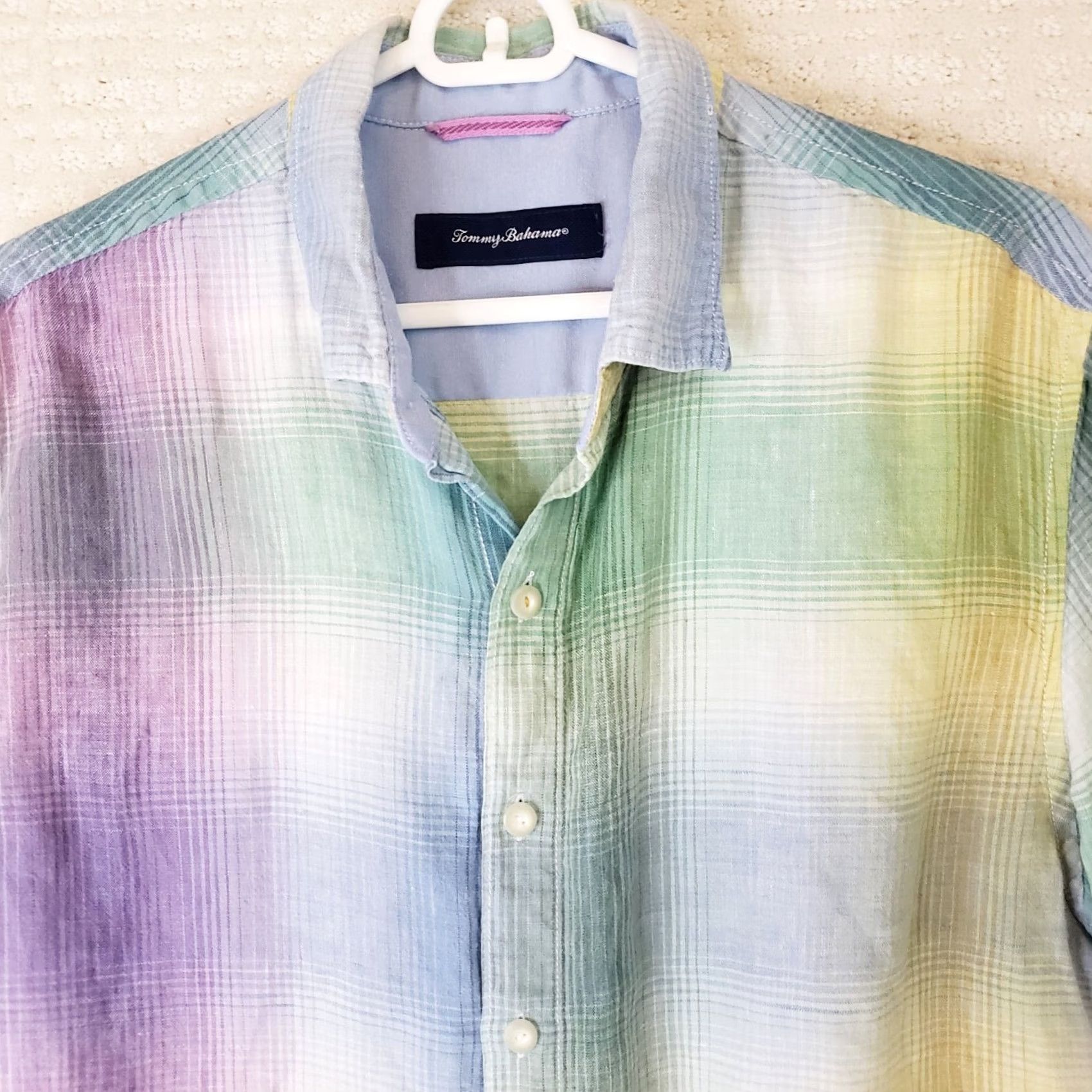 Tommy Bahama Tommy Bahama Men's M Purple Multicolor Plaid 100% Linen Short Sl Shirt Fish Logo Size US M / EU 48-50 / 2 - 3 Thumbnail