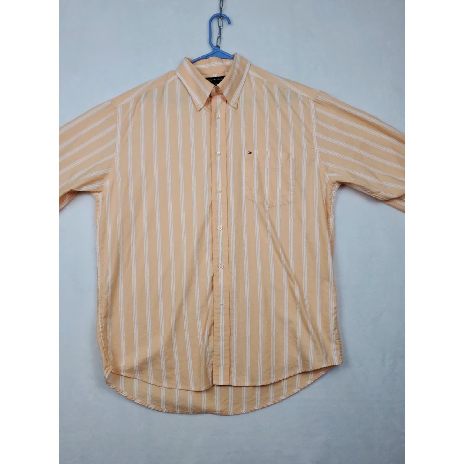 Tommy Hilfiger VINTAGE Tommy Hilfiger Shirt Mens L Orange Striped Long Sleeve Retro Dress Shirt Size 42R - 3 Thumbnail