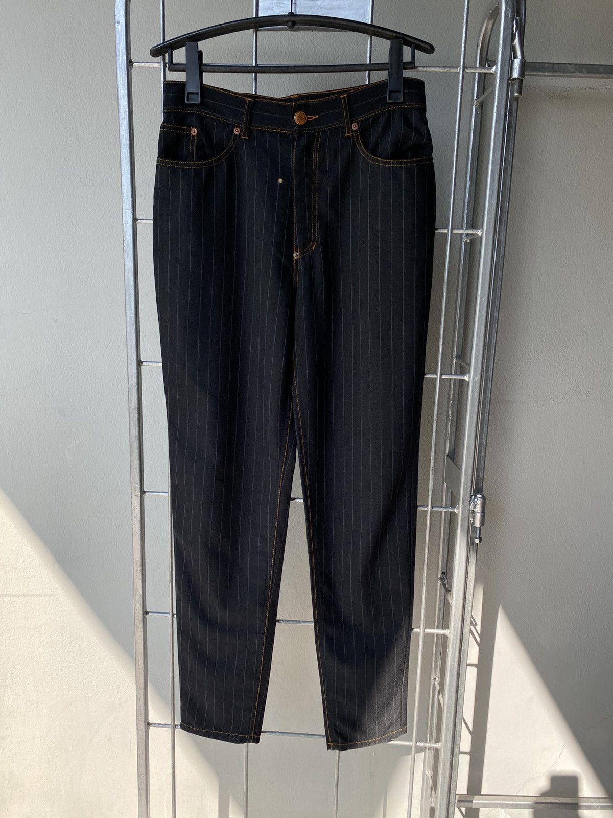 Jean Paul Gaultier Gaultier Black Pinstripe Trousers with Orange Stitching Size 32" / US 10 / IT 46 - 15 Thumbnail