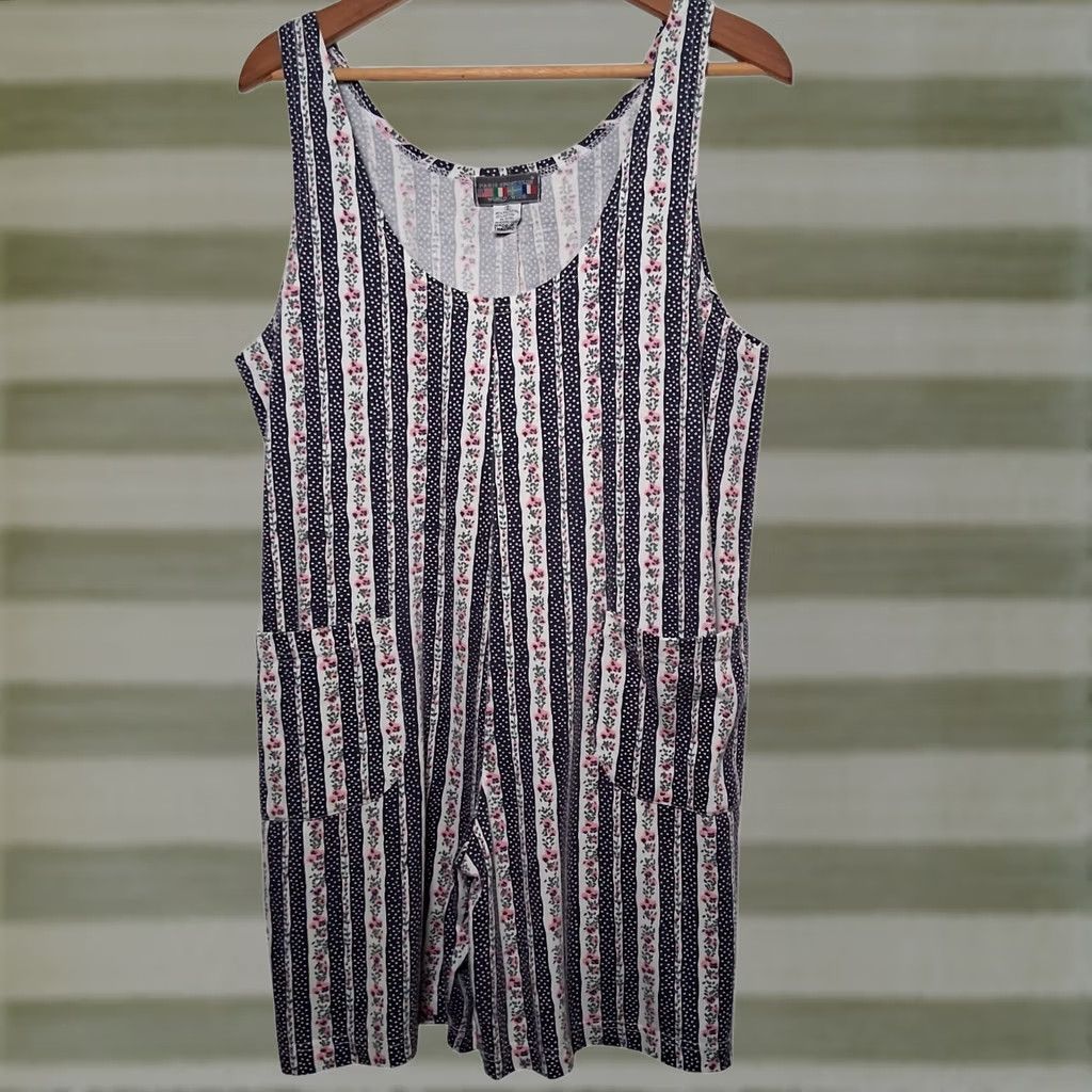 Vintage VINTAGE Paris Sport Club World Wide Romper Shirt One-Piece Blue Flowers Polka Dot Striped 1990s S Womens Size 28" / US 6 / IT 42 - 1 Thumbnail