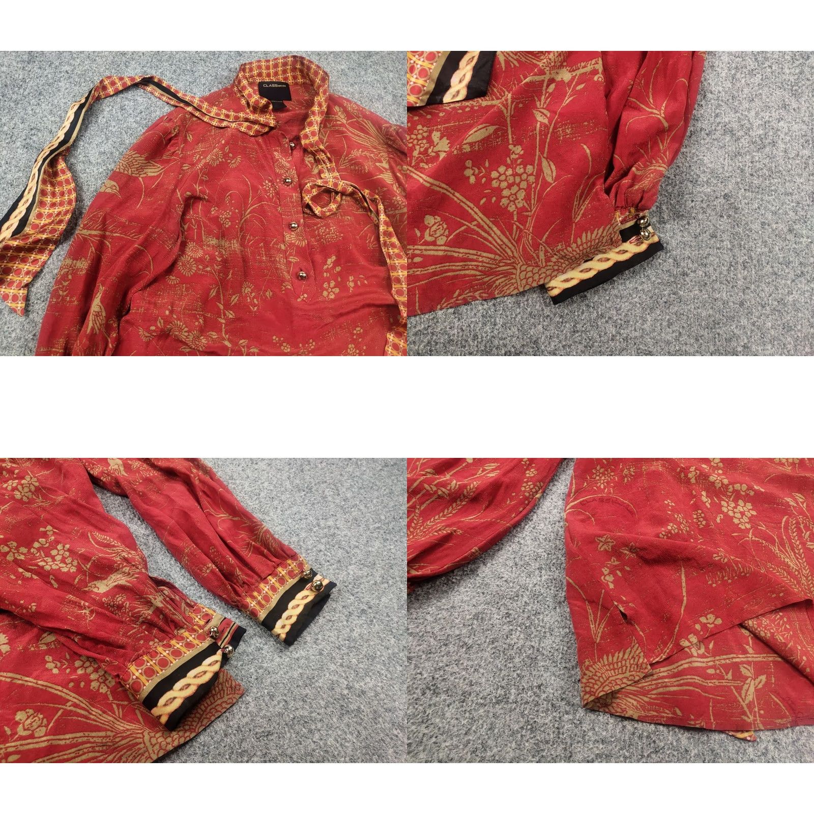 Roberto Cavalli Roberto Cavalli Silk Blouse XL Red Floral Pattern Collared Tie Long Sleeve - Womens - Silk - 90s City Designer Theme - Regular Fit - Dry Clean Only Size XL / US 12-14 / IT 48-50 - 8 Thumbnail