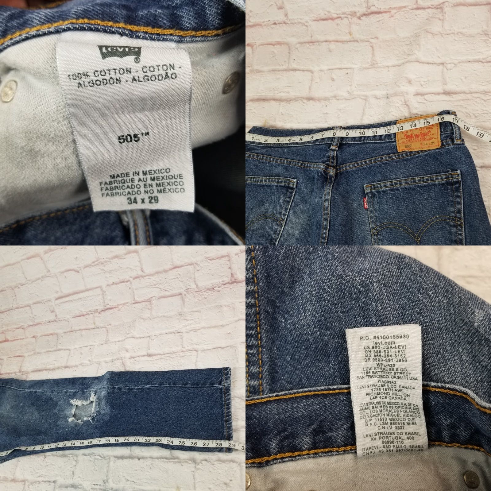 Denime VINTAGE Levi Strauss & CO. 505 Jeans Denim Blue 34W 28L Tapered Distressed Mens Regular 5-Pocket Zip Rise Mid Inseam 28in Size US 34 / EU 50 - 8 Thumbnail