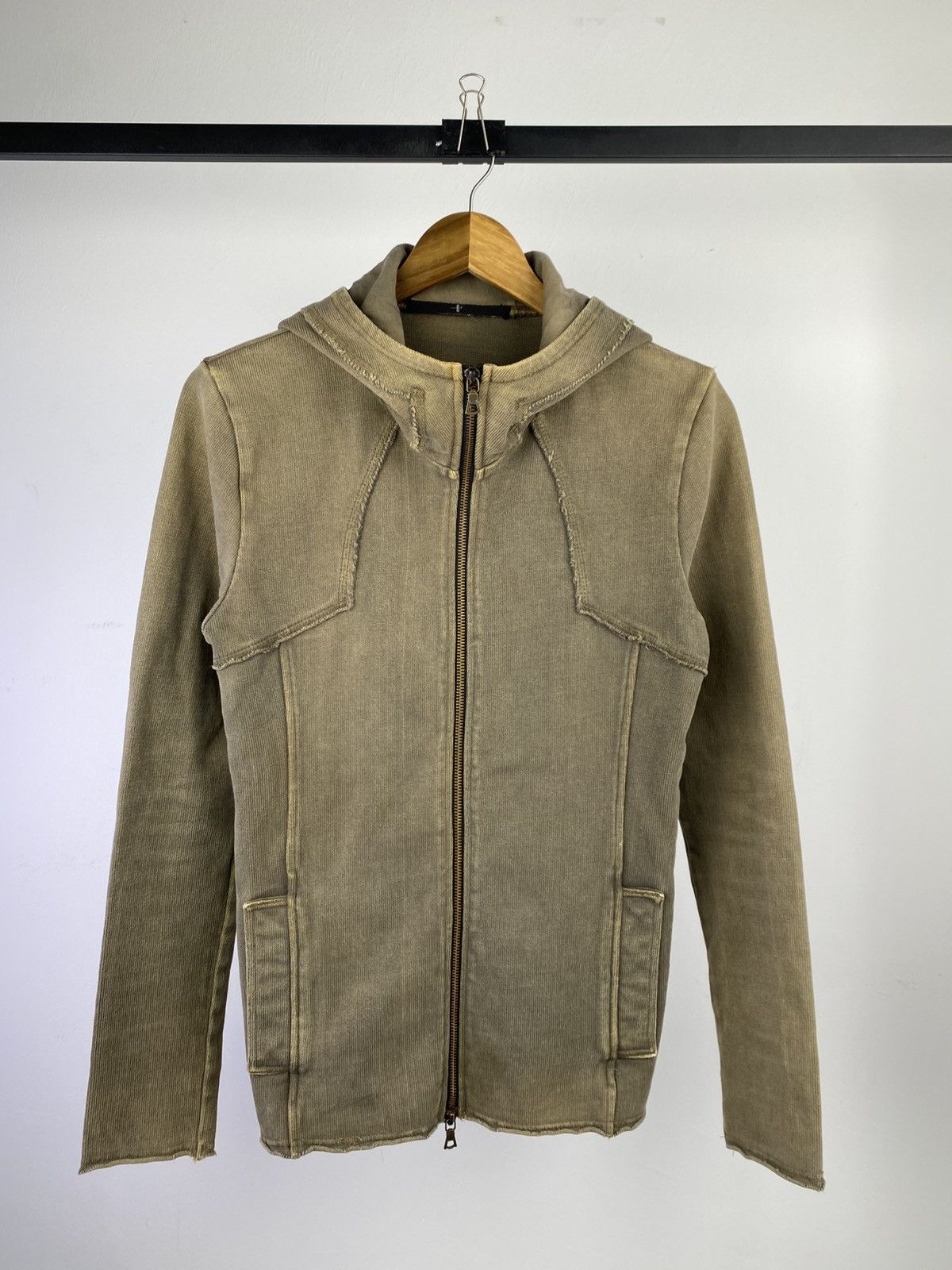 Japanese Brand No ID Y2K Distressed Zip Hoodie Jacket Olive Fade Slim Fit Size US M / EU 48-50 / 2 - 1 Thumbnail