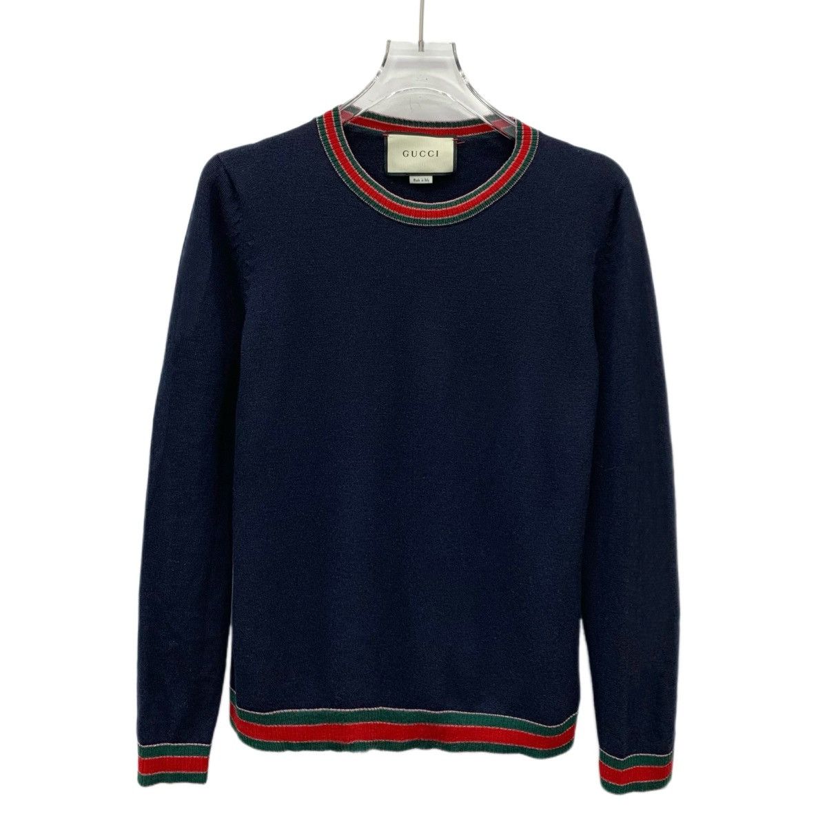 Gucci Gucci Dark Blue Striped Trim Long Sleeve Knit Sweater K26WX Size L / US 10 / IT 46 - 1 Thumbnail