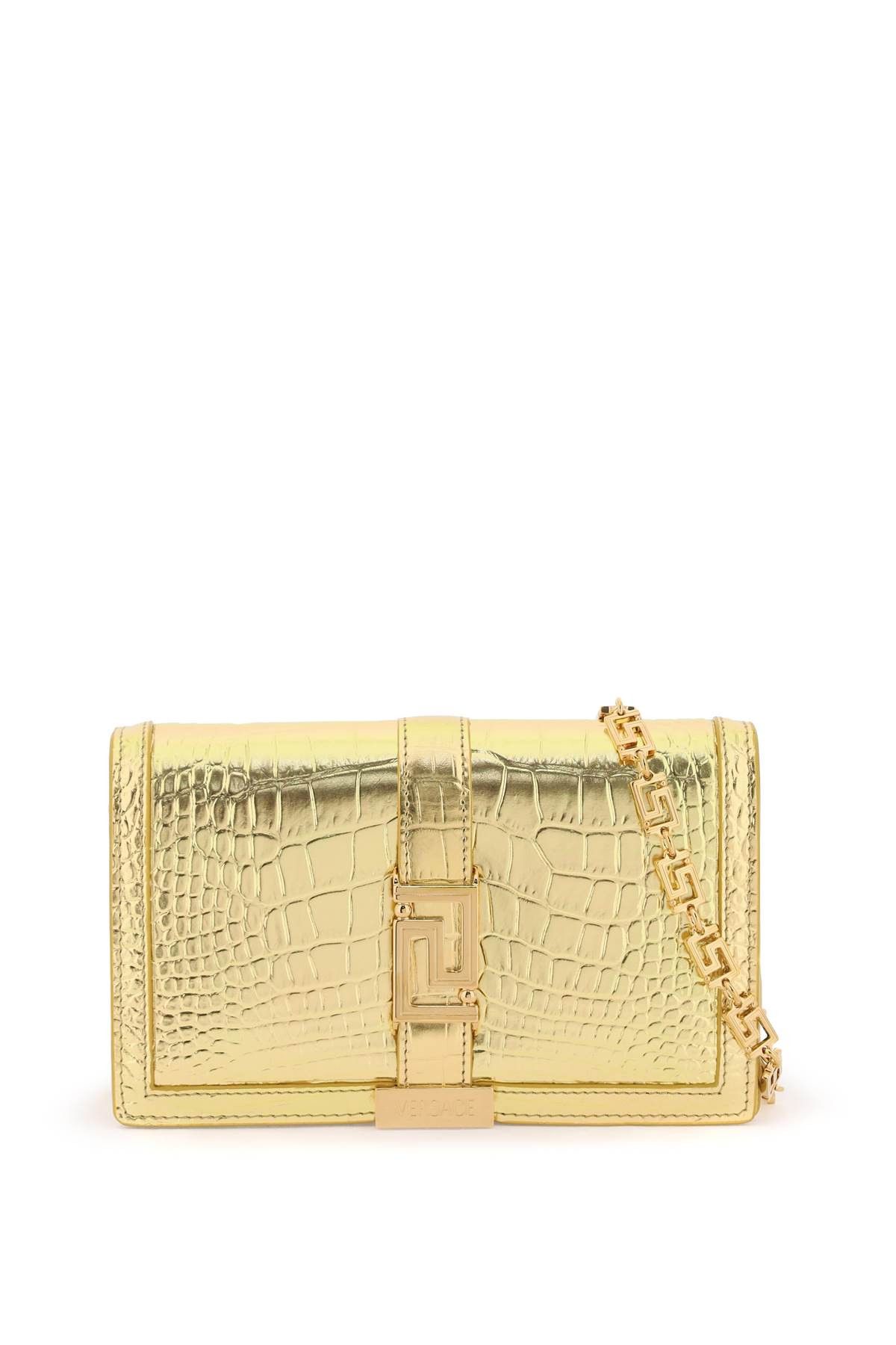 image of Versace Croco-Embossed Leather Greca Goddes Crossbody Bag in Gold Versace Gold, Women's