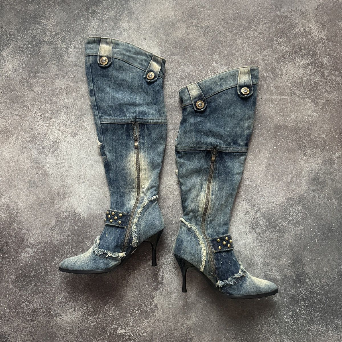 20471120 Vintage Distressed Patchwork Y2K Knee-High Jeans Boots Size US 7 / IT 37 - 3 Thumbnail