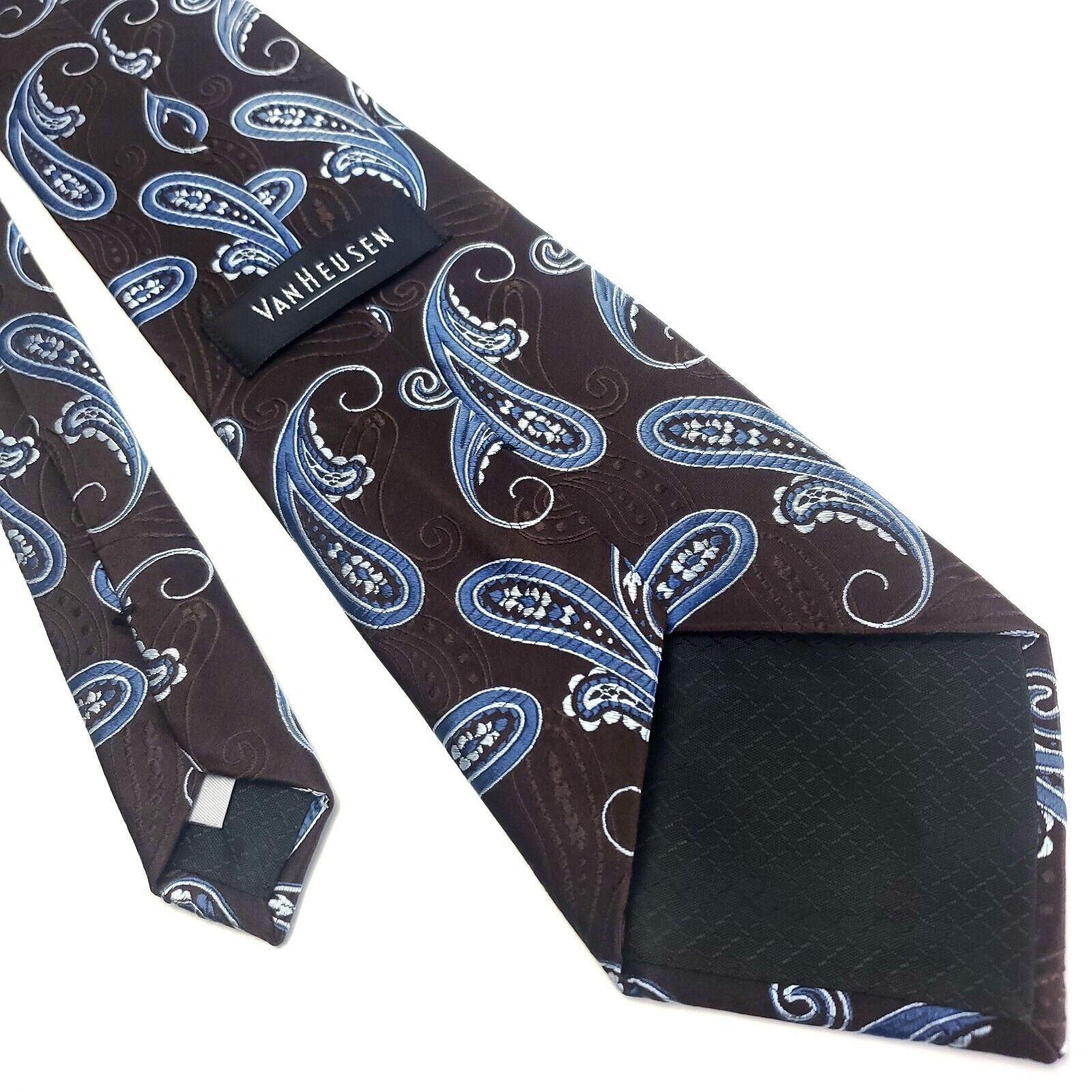 Van Heusen Van Heusen Brown Blue Silk Tie Woven Paisley Wide Size ONE SIZE - 3 Thumbnail