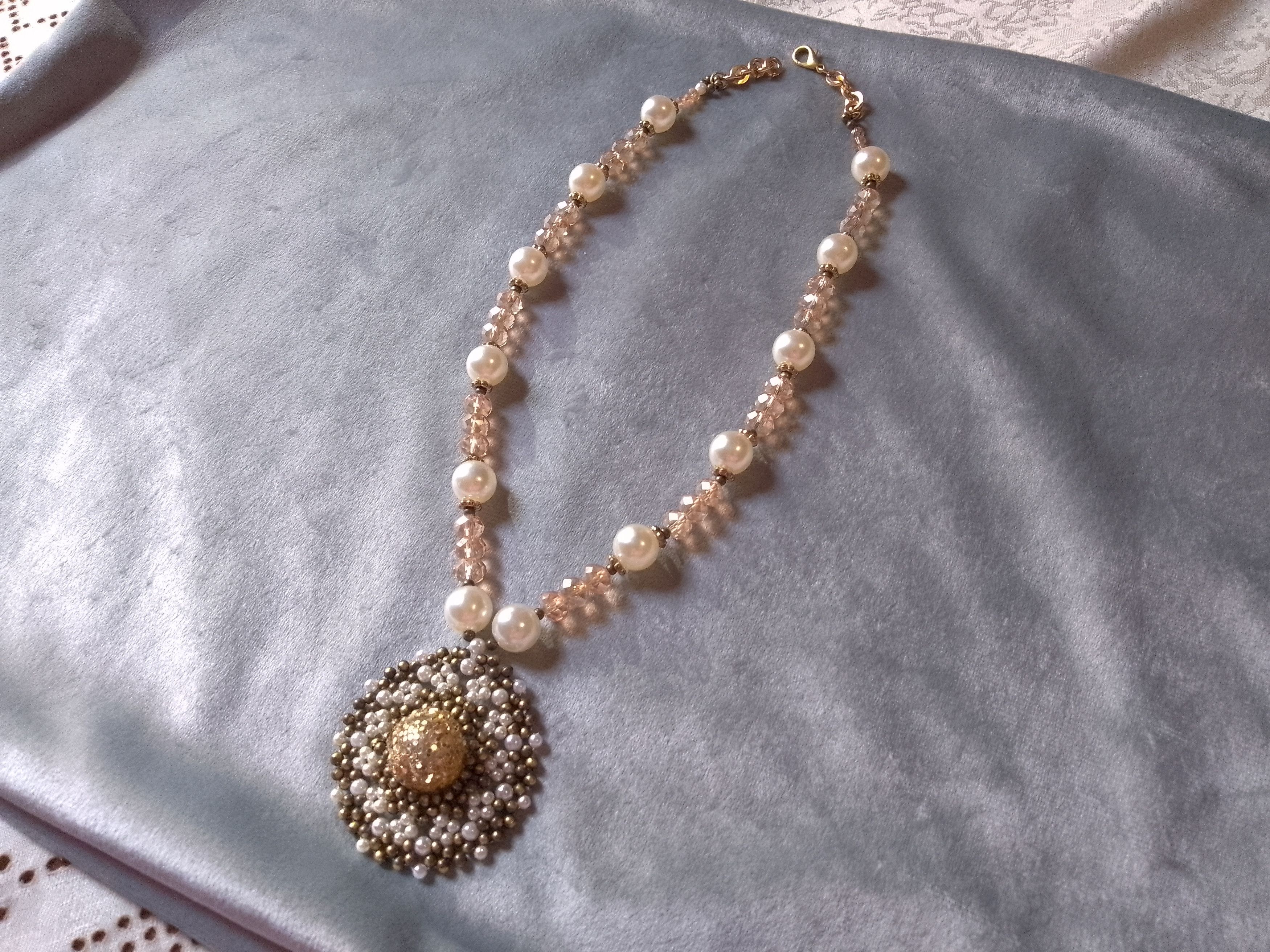 Handmade Necklace.Long Vintage style. Crystal Pearls beaded Pendant Size ONE SIZE - 7 Thumbnail