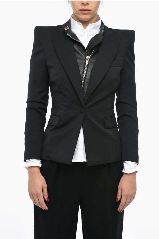 image of Les Hommes Single Breasted Blazer With Leather Chest-Piece in Black, Women's (Size Small)