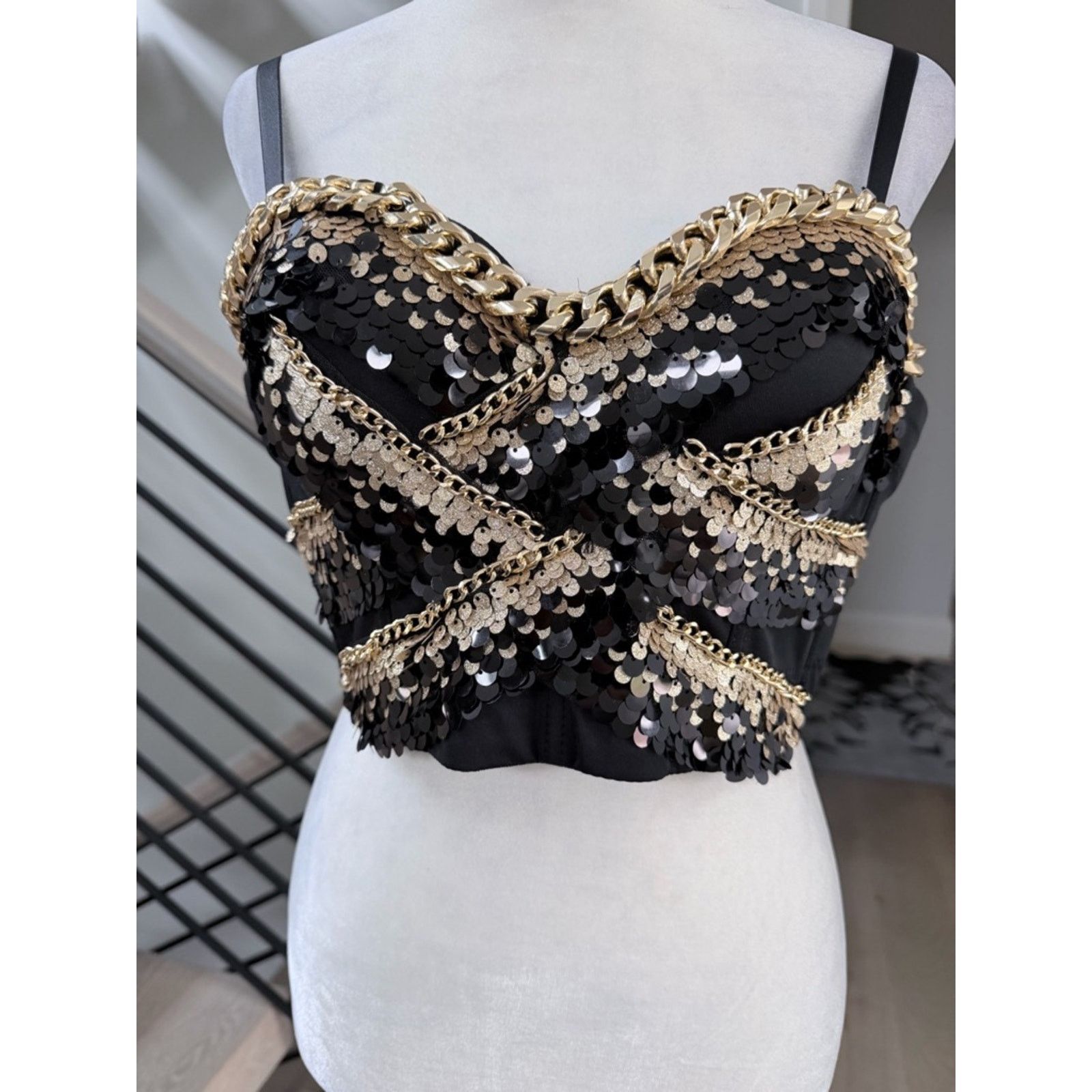 Other New Y2K Glam Black and Gold Sequin Bustier Crop Top size S Size S / US 4 / IT 40 - 11 Thumbnail