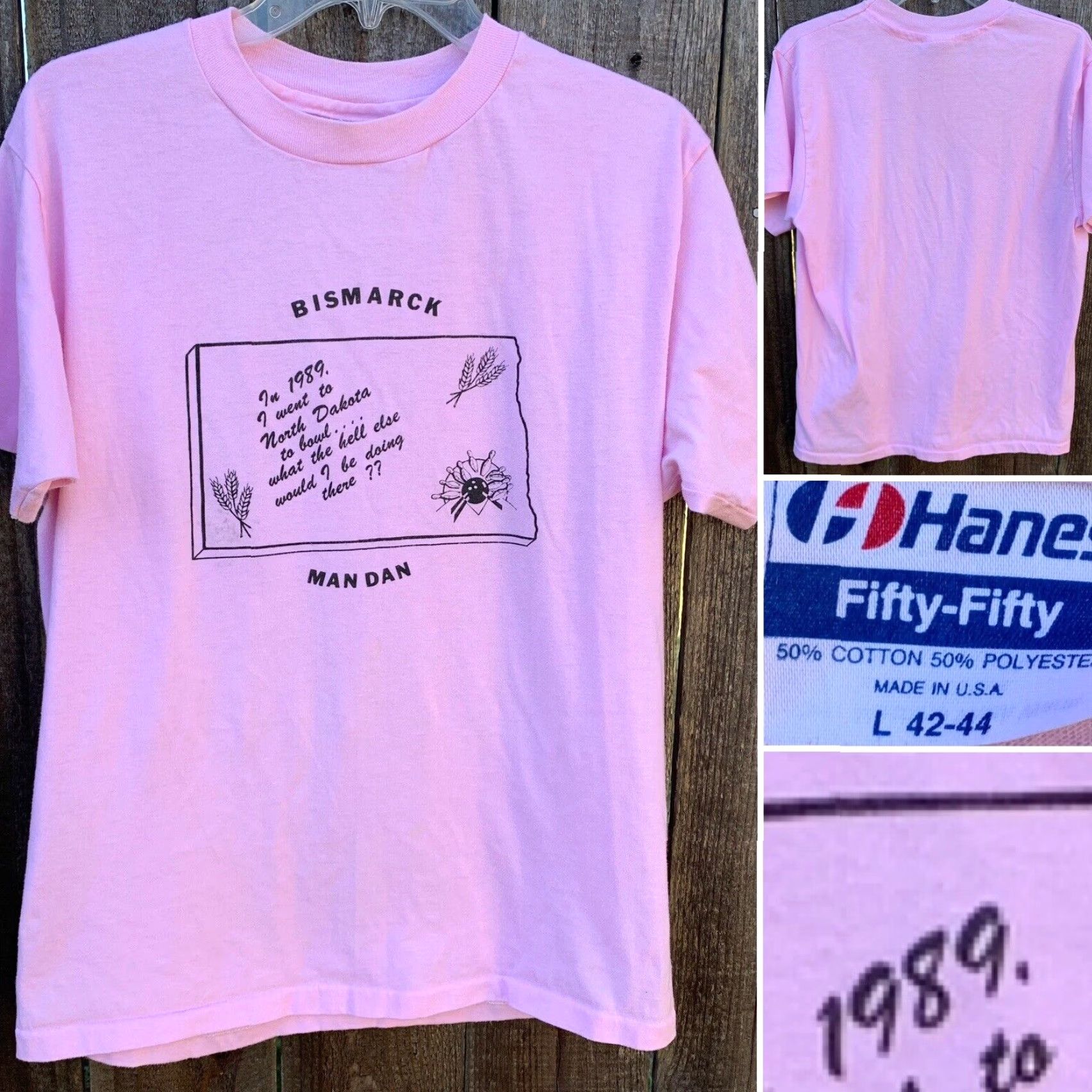 Hanes VINTAGE Hanes T-Shirt Bowl 1989 North Dakota Bismarck Mandan 80s Bowling Graphic Single Stitch Pink L Mens Men Size US L / EU 52-54 / 3 - 2 Thumbnail