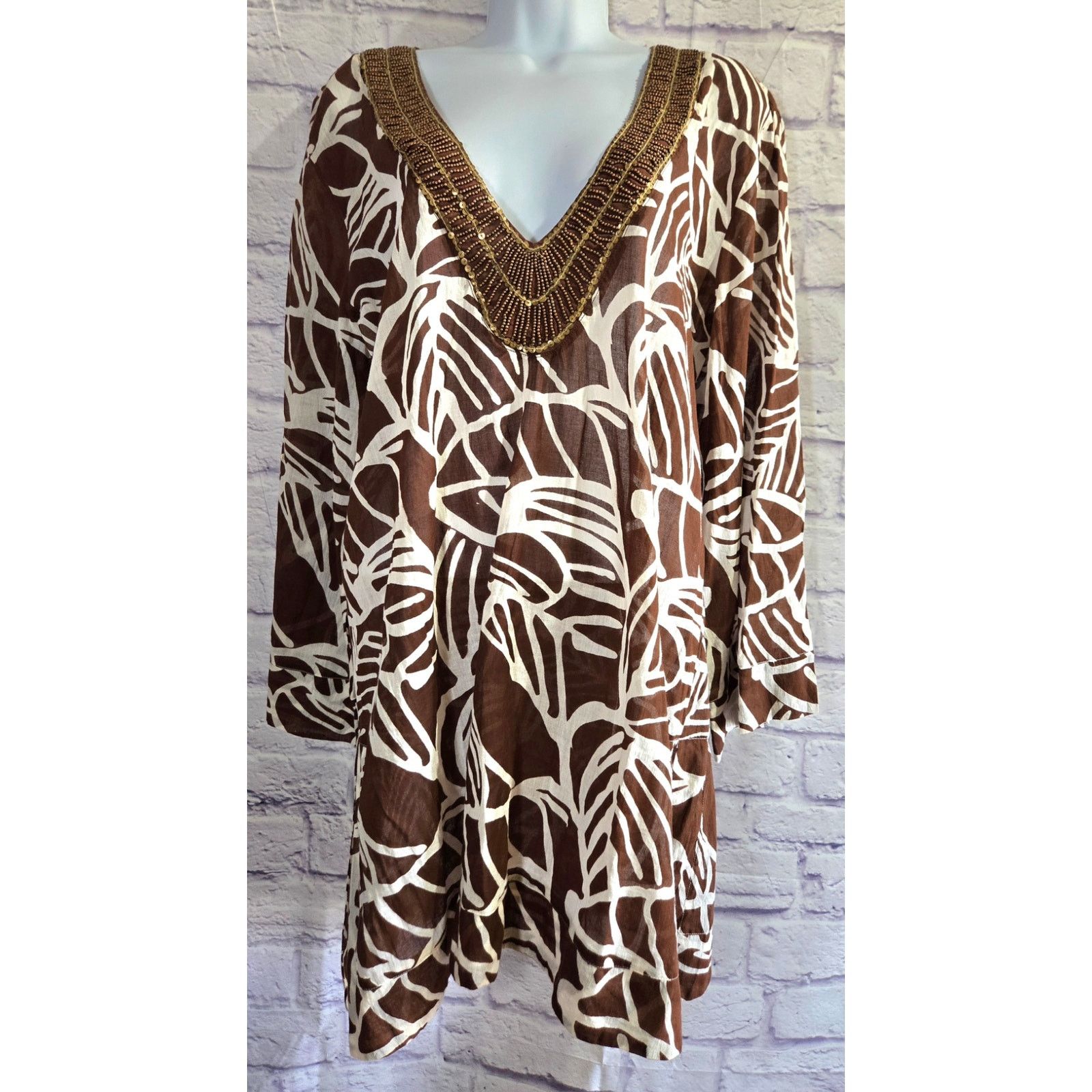 Other Hermanny By Vix Brown Tan Beaded Bodice Swim Cover Up L NWTS Size L / US 10 / IT 46 - 1 Thumbnail