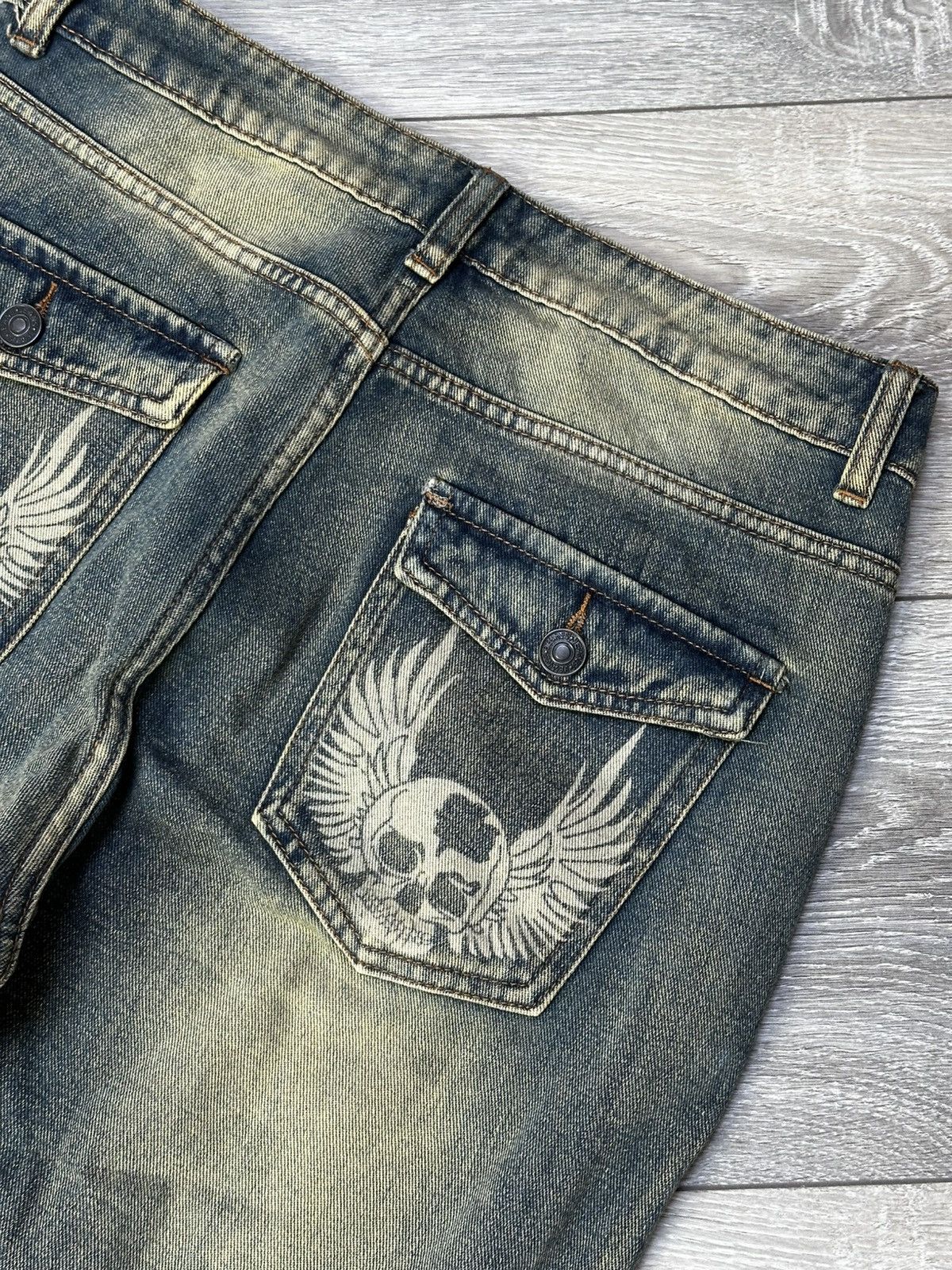 Designer Skull Rock Flare Jeans Punk Washed Size M Size 26" / US 2 / IT 38 - 4 Thumbnail