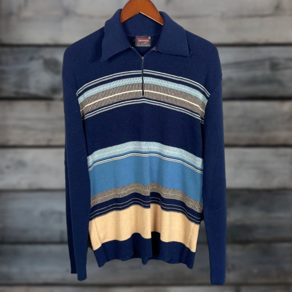 VINTAGE Drummond Men's Sweater 1/4 Zip Long Sleeve Knit Pullover Dark Blue Stripe Mid 70s Retro