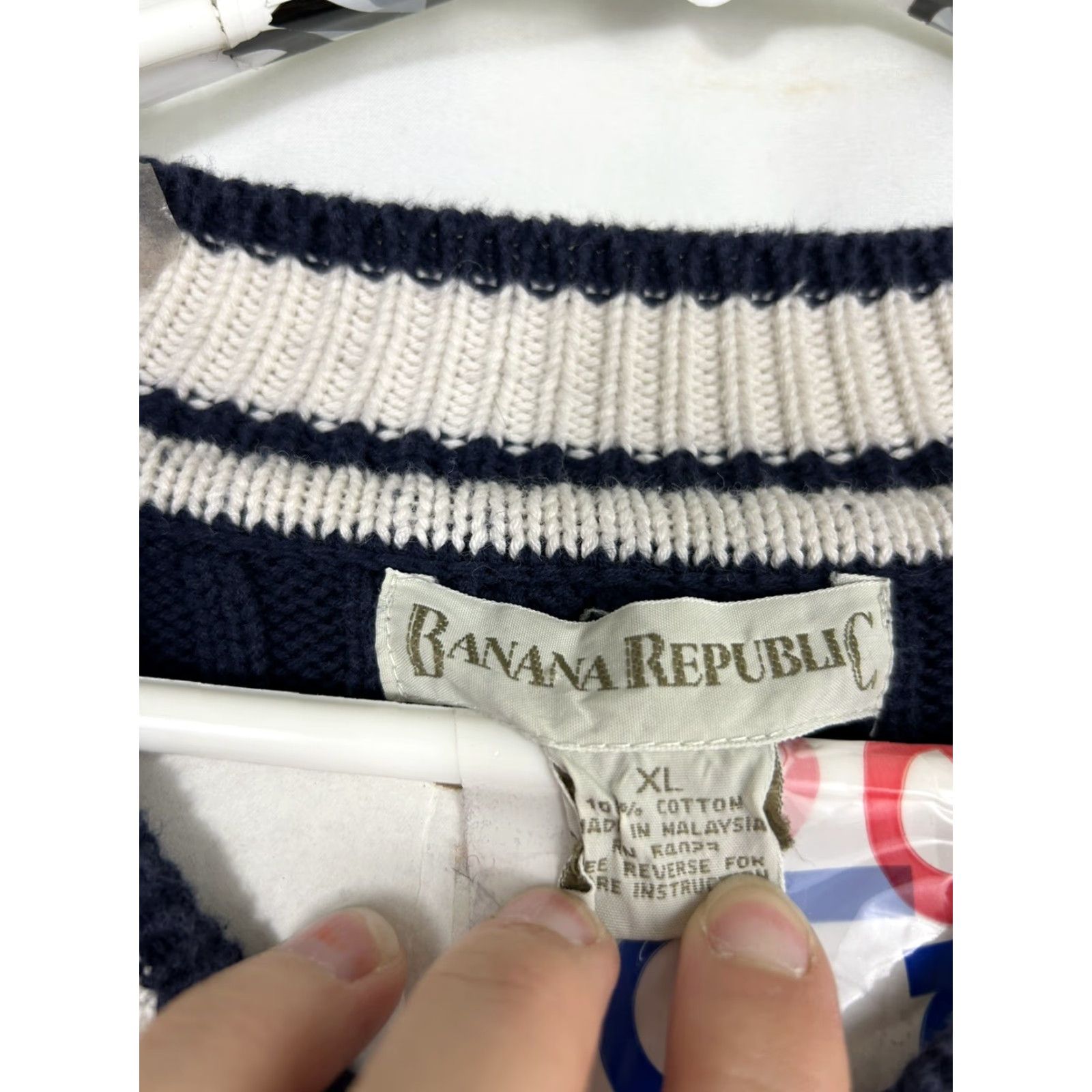 Banana Republic VINTAGE Banana Republic Mens XL V-Neck Sweater Blue White Preppy Cotton Pullover Size US XL / EU 56 / 4 - 6 Thumbnail