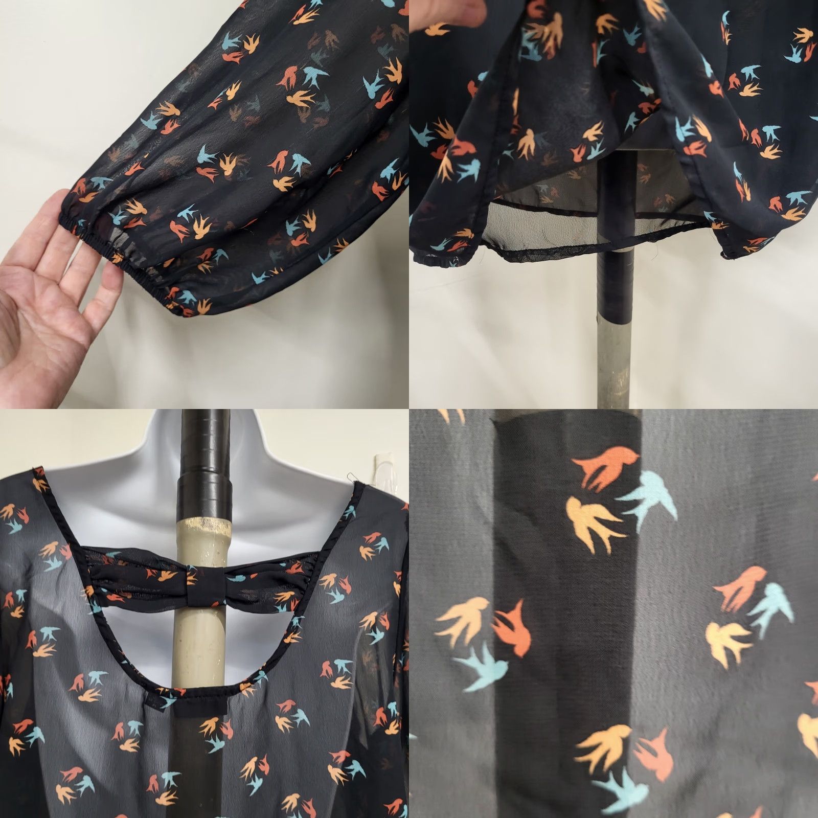 Bell A.N.A Blouse Women's M Black Sheer Bell Sleeve Bird Print Peasant Boho Blouse / Bohemian Shirt Men/Women? Size M / US 6-8 / IT 42-44 - 8 Thumbnail