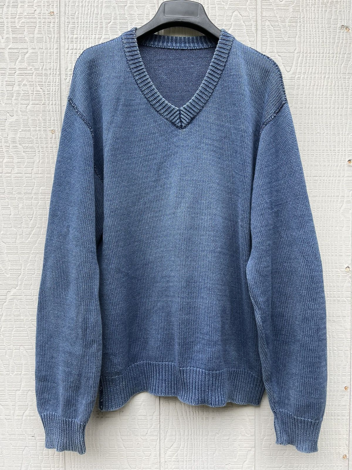 image of Maison Margiela Miss Deanna Cotton Sweater Leather Elbow Patches Archive in Blue, Men's (Size Large