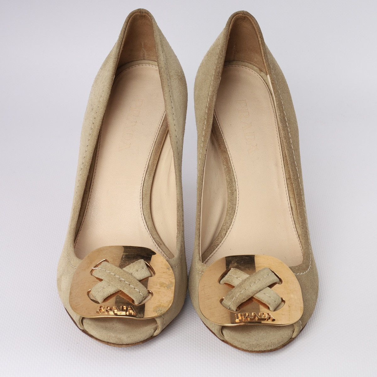 Prada Prada Beige Suede Peep-toe Pumps gold-tone Buckle Block Heel Size US 6.5 / IT 36.5 - 8 Thumbnail