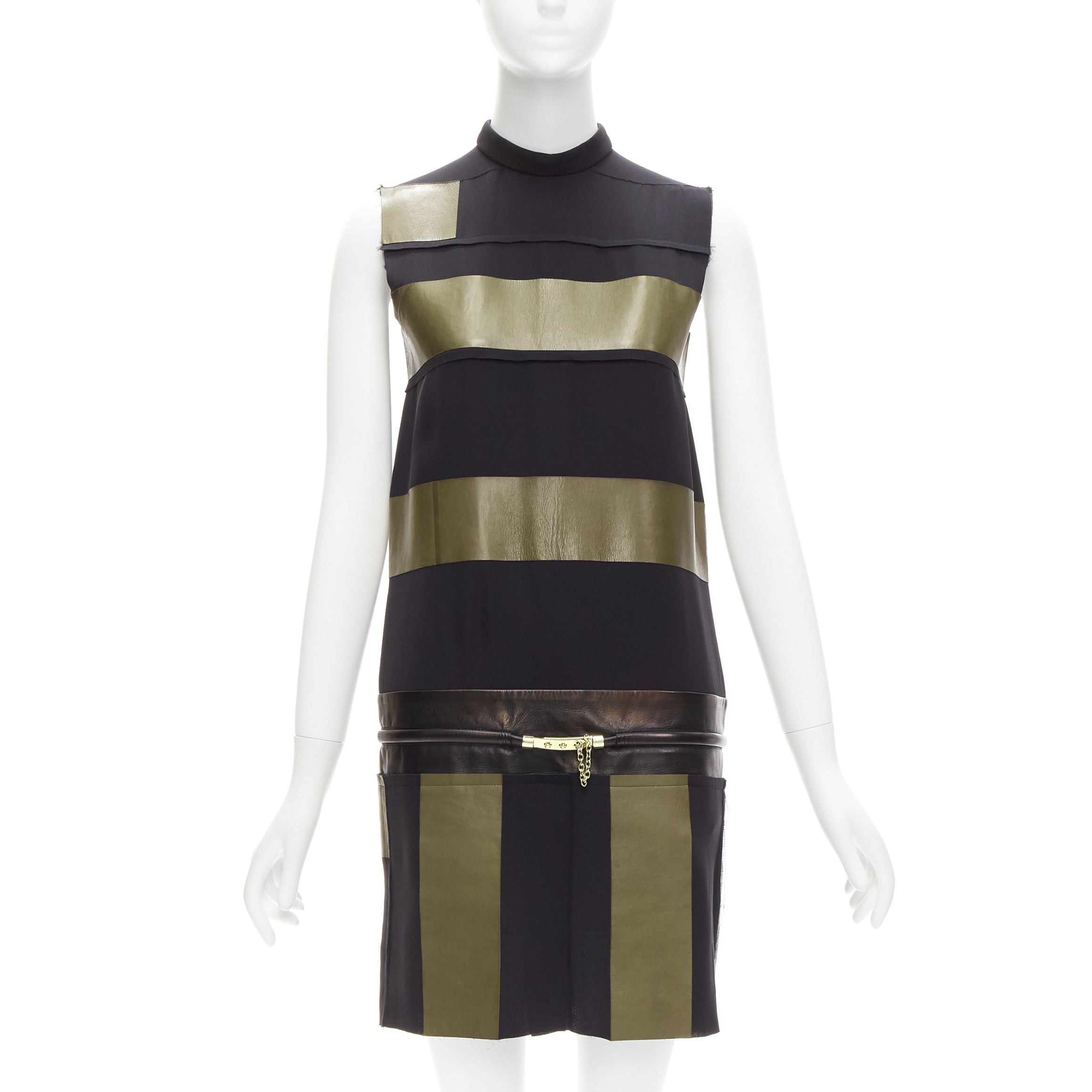 Celine OLD CELINE Phoebe Philo khaki leather black panel gold belt dress FR36 S Size S / US 4 / IT 40 - 1 Thumbnail