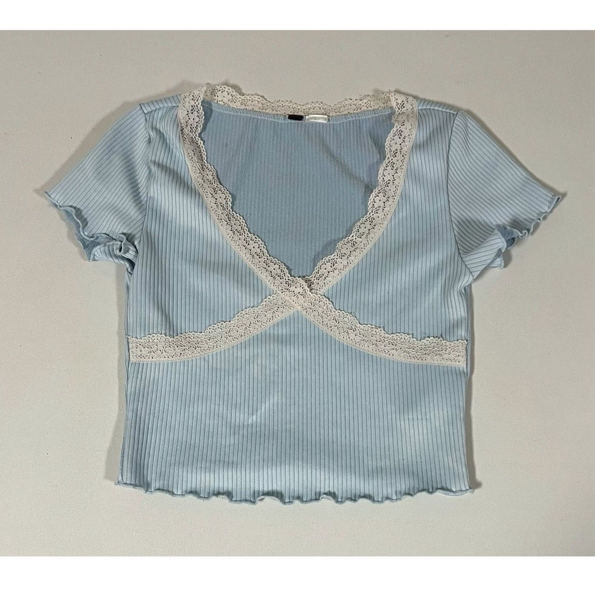 Japanese Brand Blue White Pastel Lace V-Neck T-Shirt Top Blouse Tee XS 🤍🩵 Size XS / US 0-2 / IT 36-38 - 1 Thumbnail