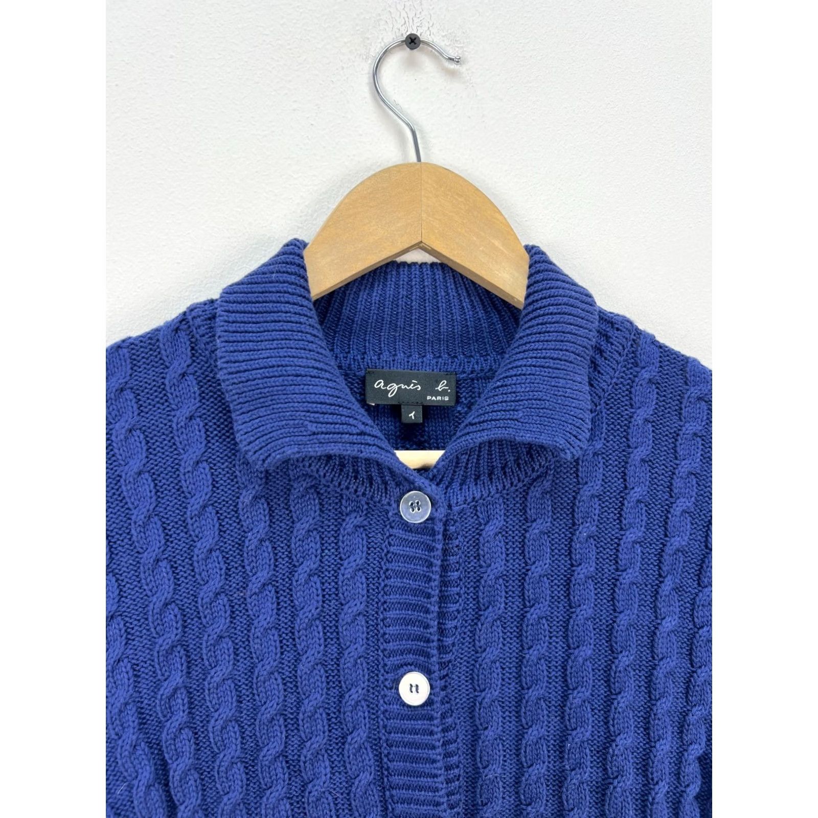 Vintage Agnes B Paris Blue Cotton Cable Knit Cardigan Sweater Collared Button Up Sz S Womens Cardigan Blue Knit Button Up Size S Size S / US 4 / IT 40 - 2 Thumbnail