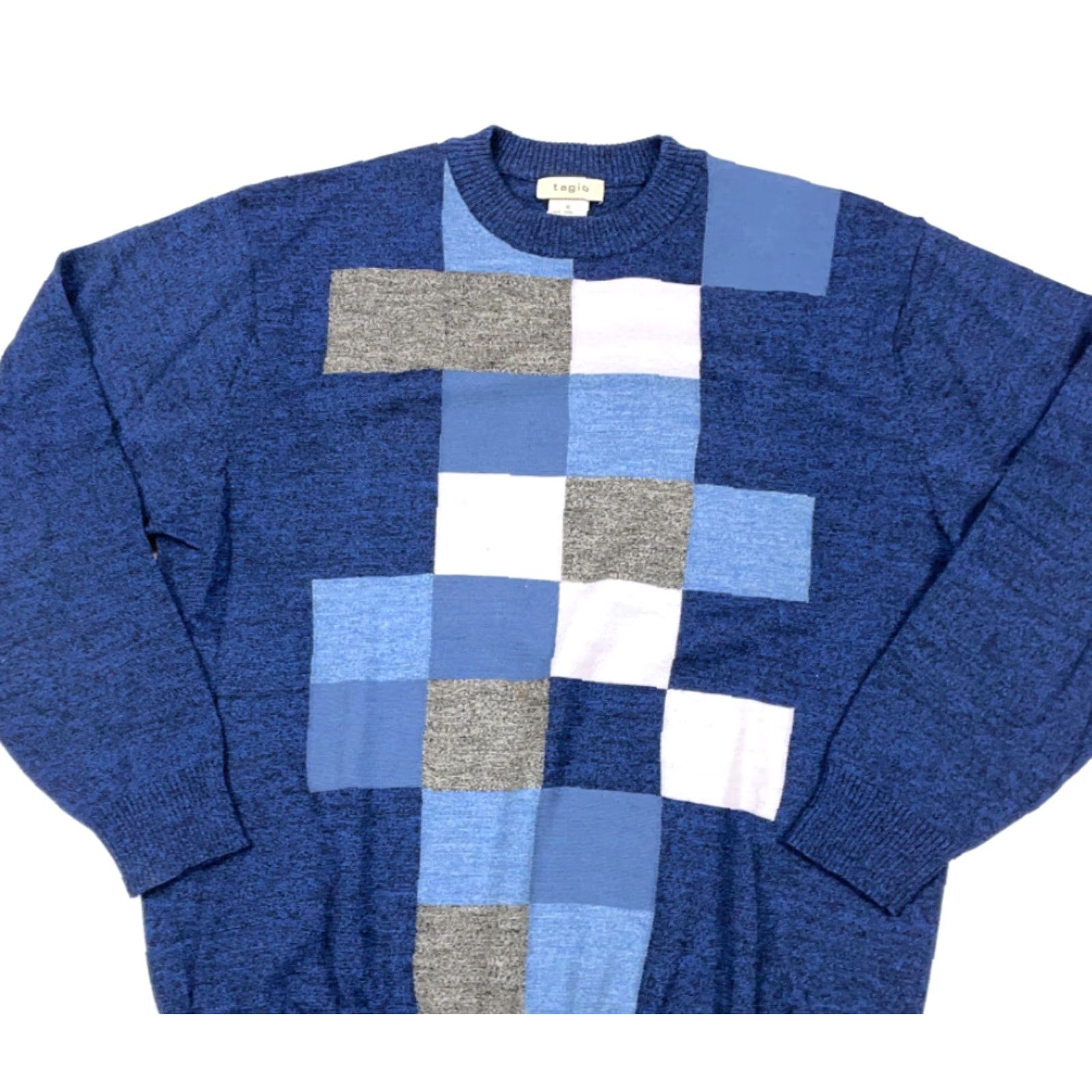 Vintage Tagio Blue Block Pattern Sweater Adult XL Lightweight Pullover Knit Retro Casual Mens Size US XL / EU 56 / 4 - 3 Thumbnail