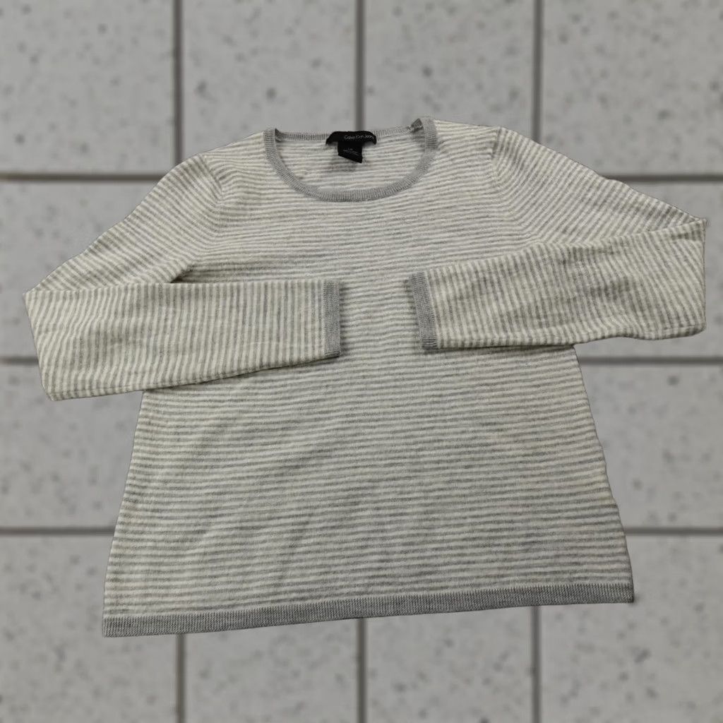 Calvin Klein Calvin Klein Sweater Womens L Gray Stripe Crewneck Knit Top Pullover Wool Blend Shirt Size L / US 10 / IT 46 - 1 Thumbnail
