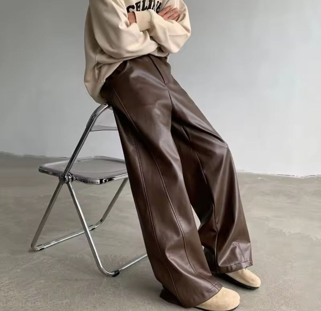 Japanese Brand Faux Leather Brown Wide Straight Leg Pants Size US 32 / EU 48 - 3 Thumbnail