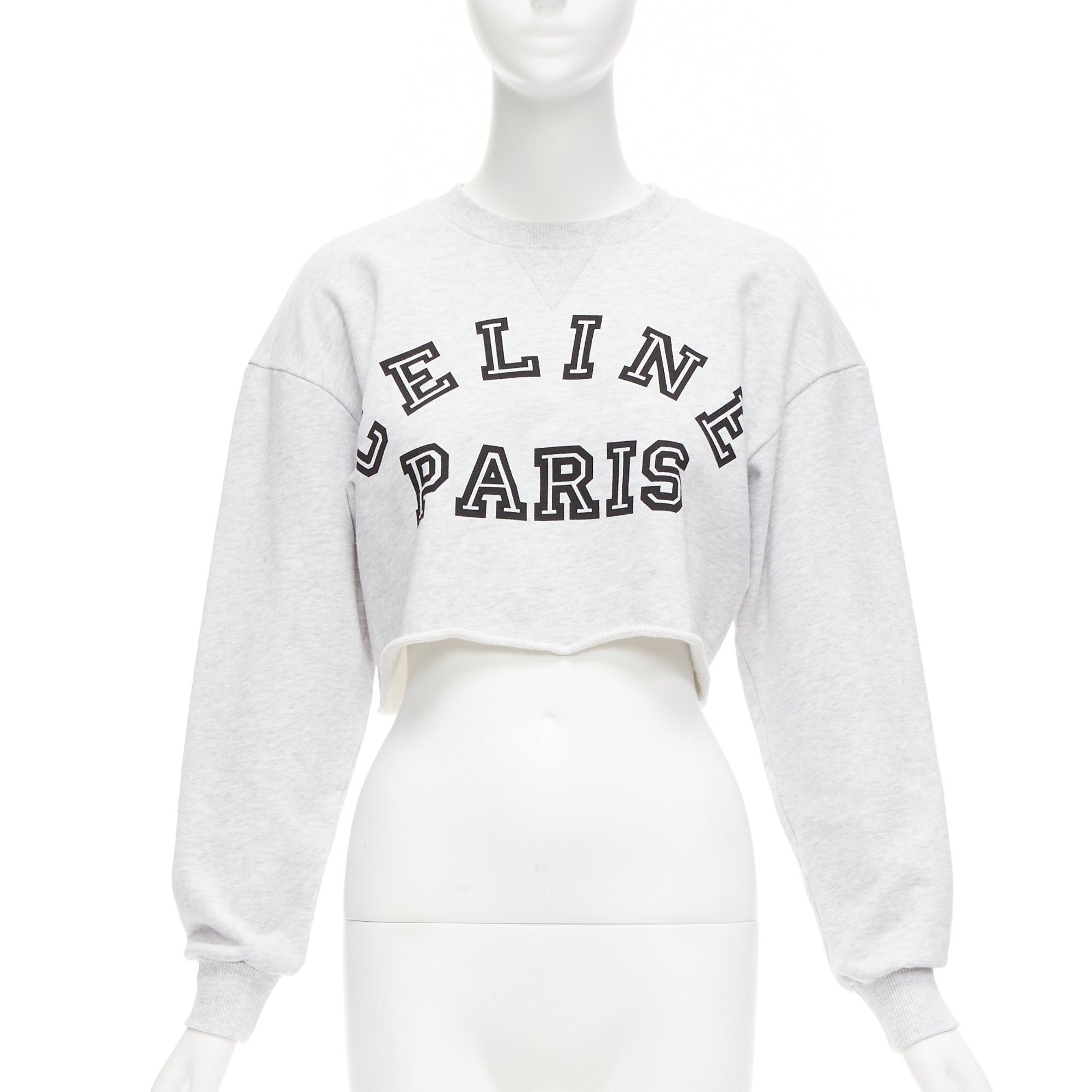 image of Celine Runway Grey Cotton Varsity Logo Cutoff Sweatshirt Crop Top Xs, Women's (Size Small)