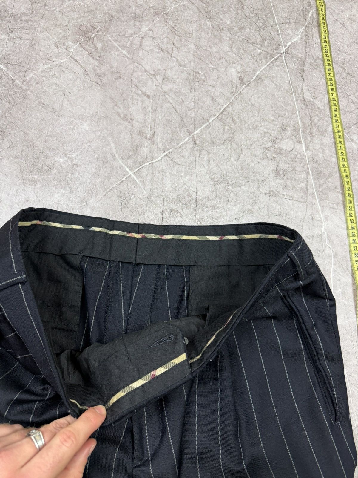 Burberry Burberry Pinstripe Pants Black Navy Wool Pleated Plaid Trim Size US 36 / EU 52 - 10 Thumbnail